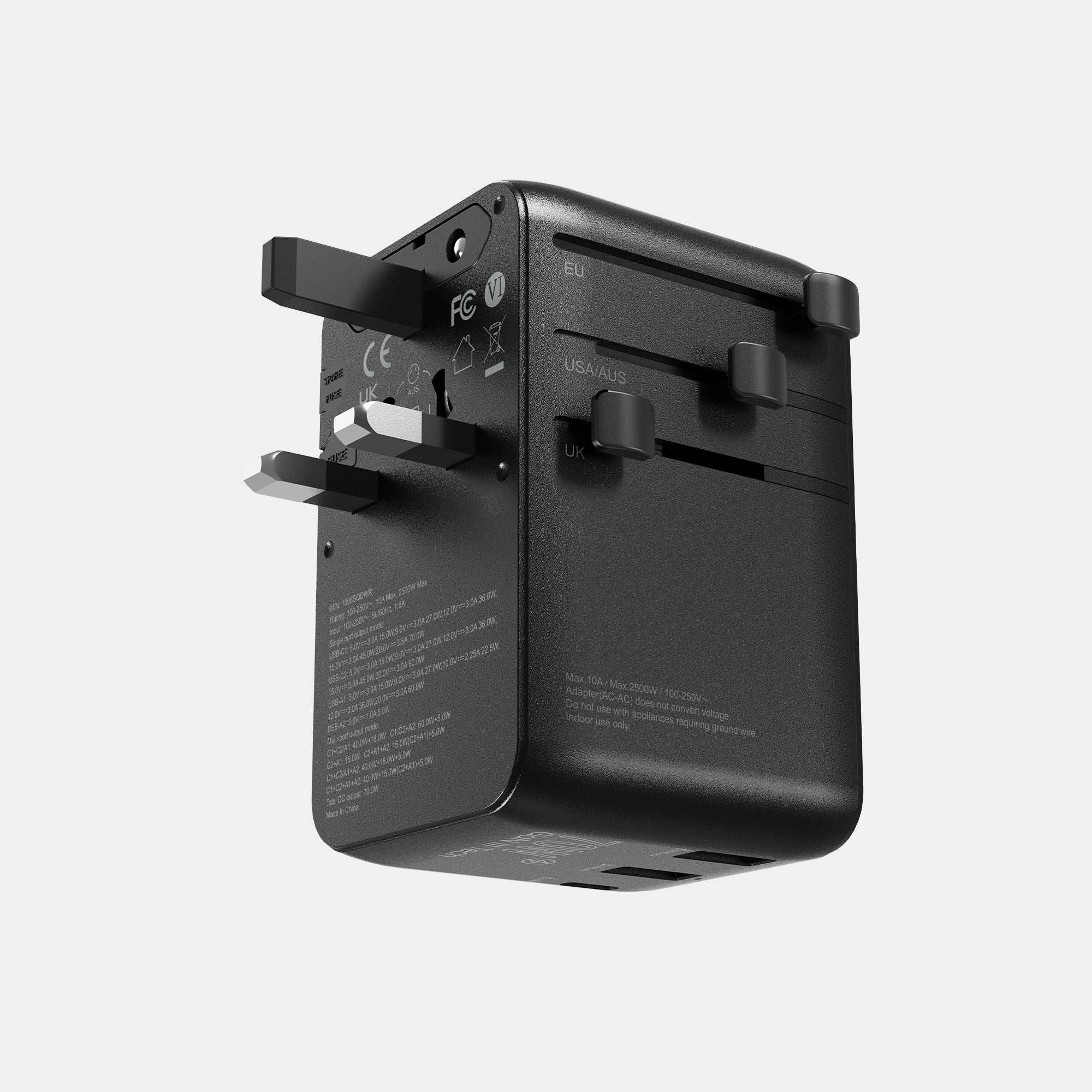 70W Universal Travel Adapter with Retractable Cable Black