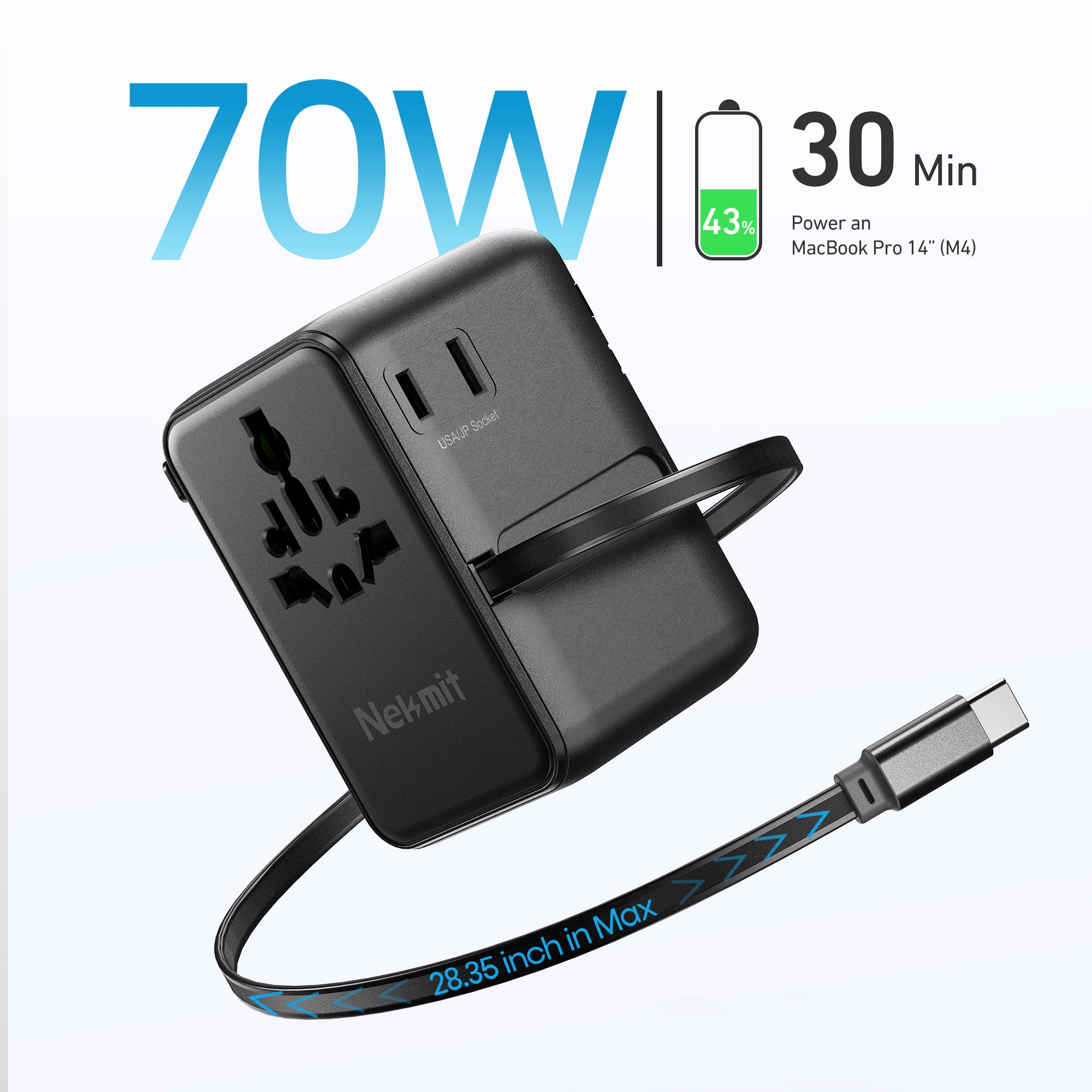70W Universal Travel Adapter with Retractable Cable Black