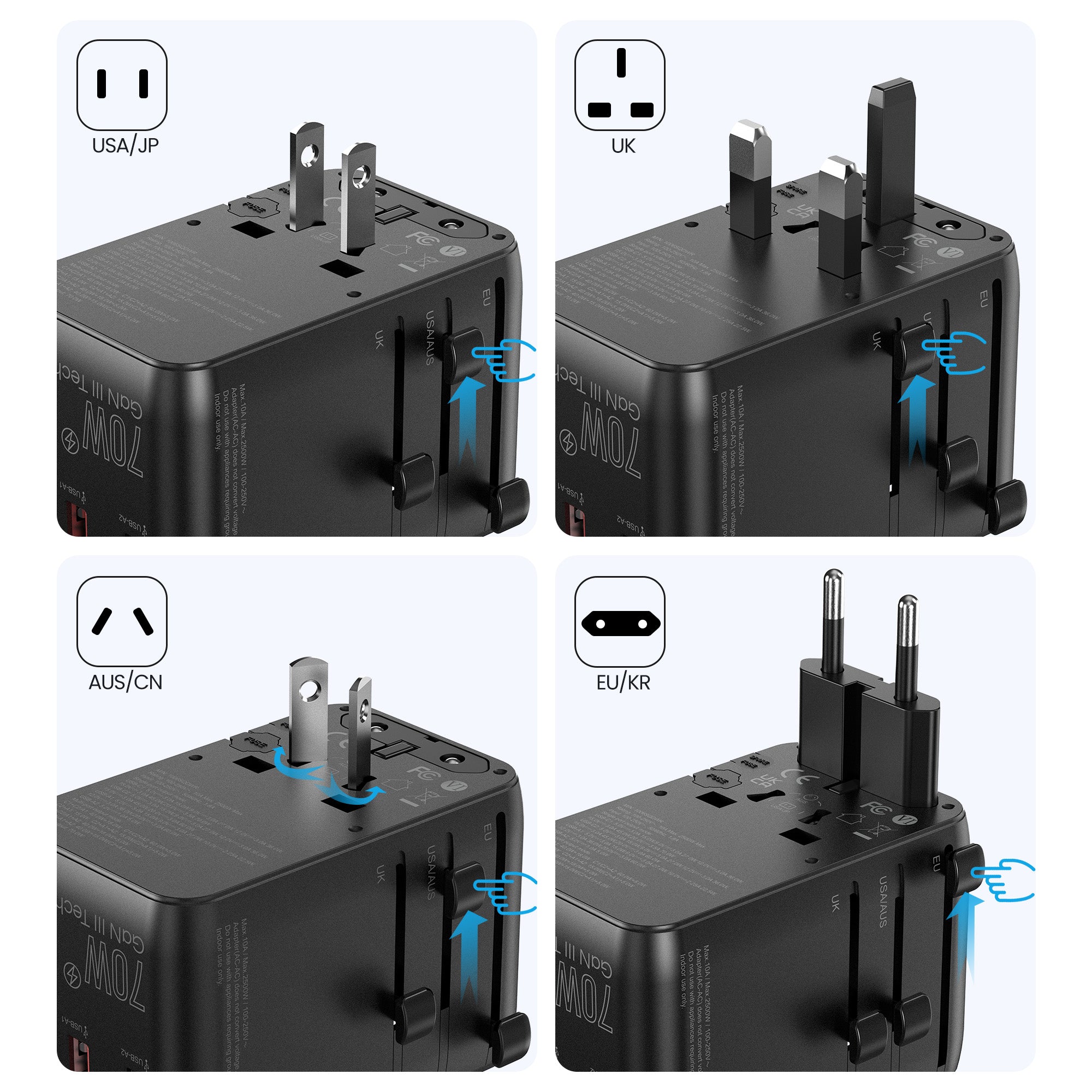 70W Universal Travel Adapter with Retractable Cable Black