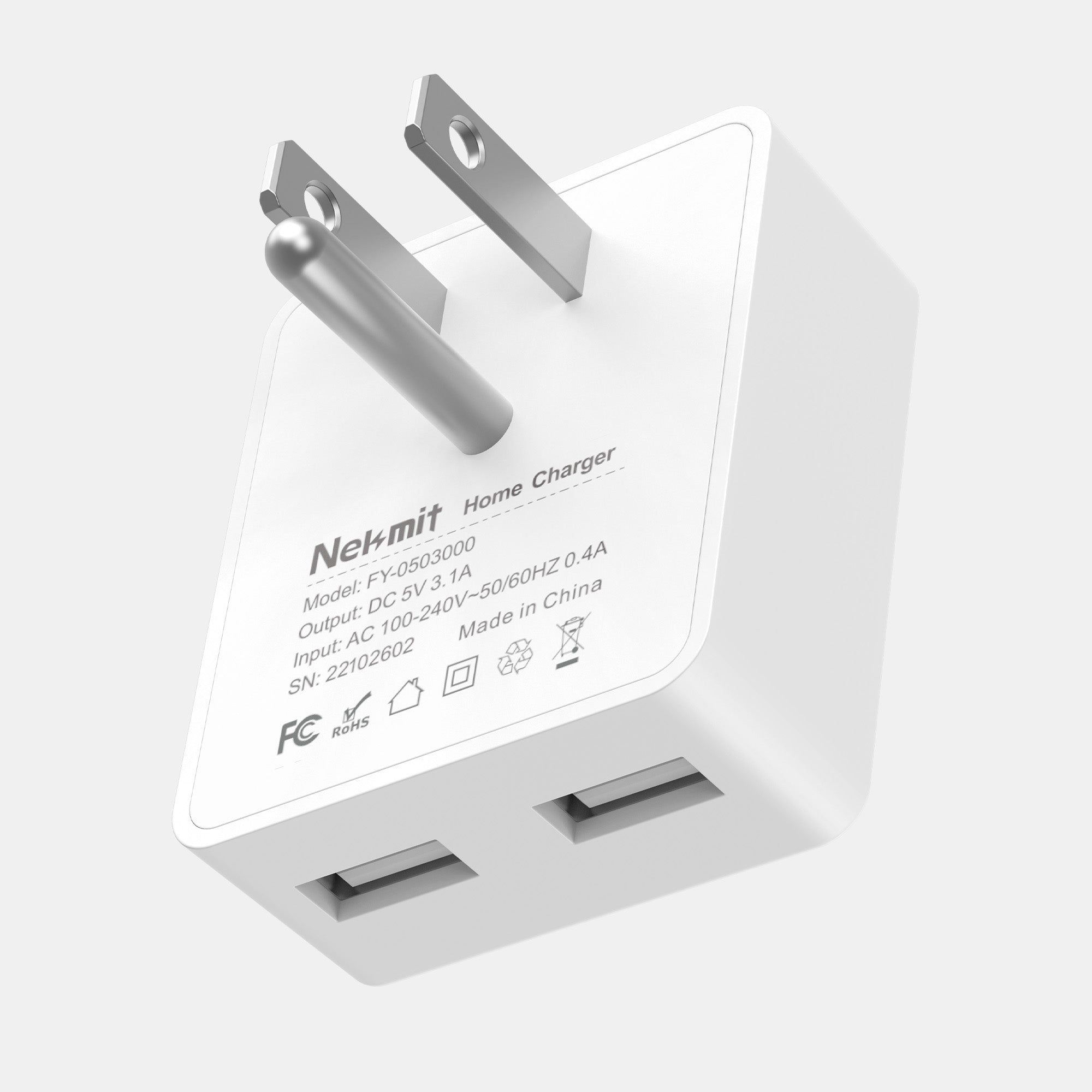White home charger with USB ports on a light gray background