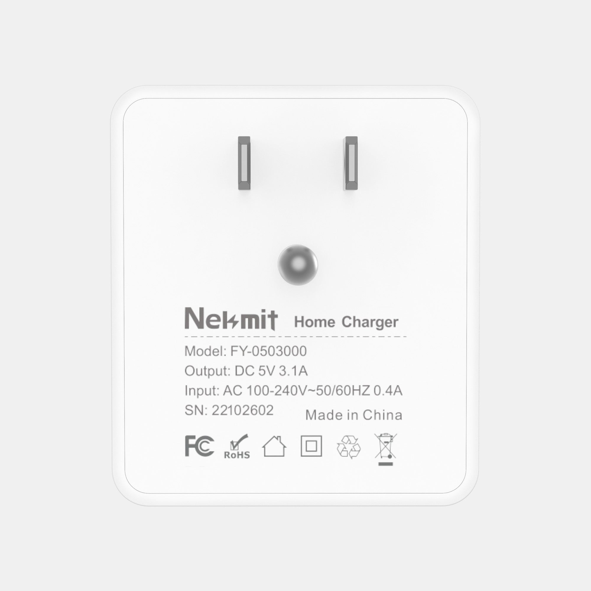 Nekmit home charger with specifications on a light gray background