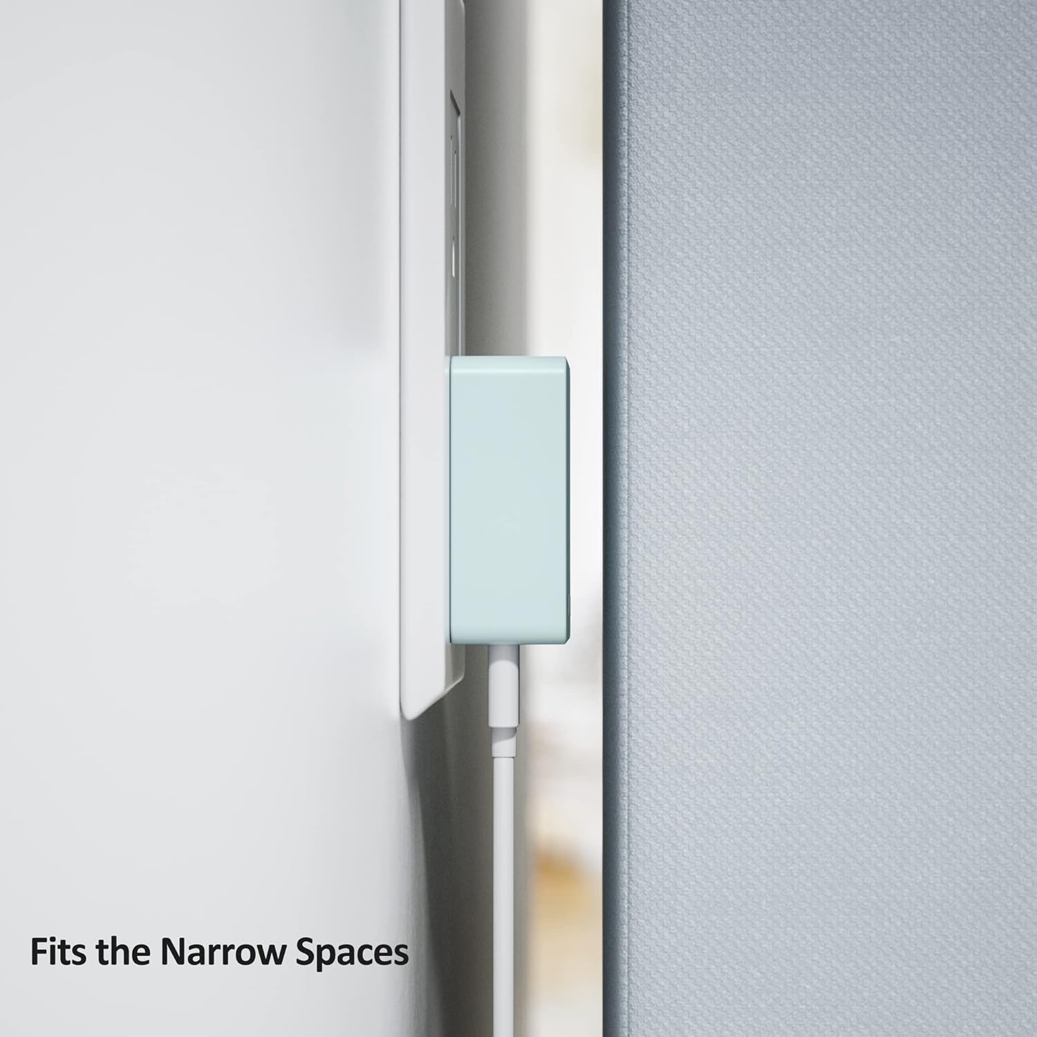 Window blind with a light blue bracket on a white background