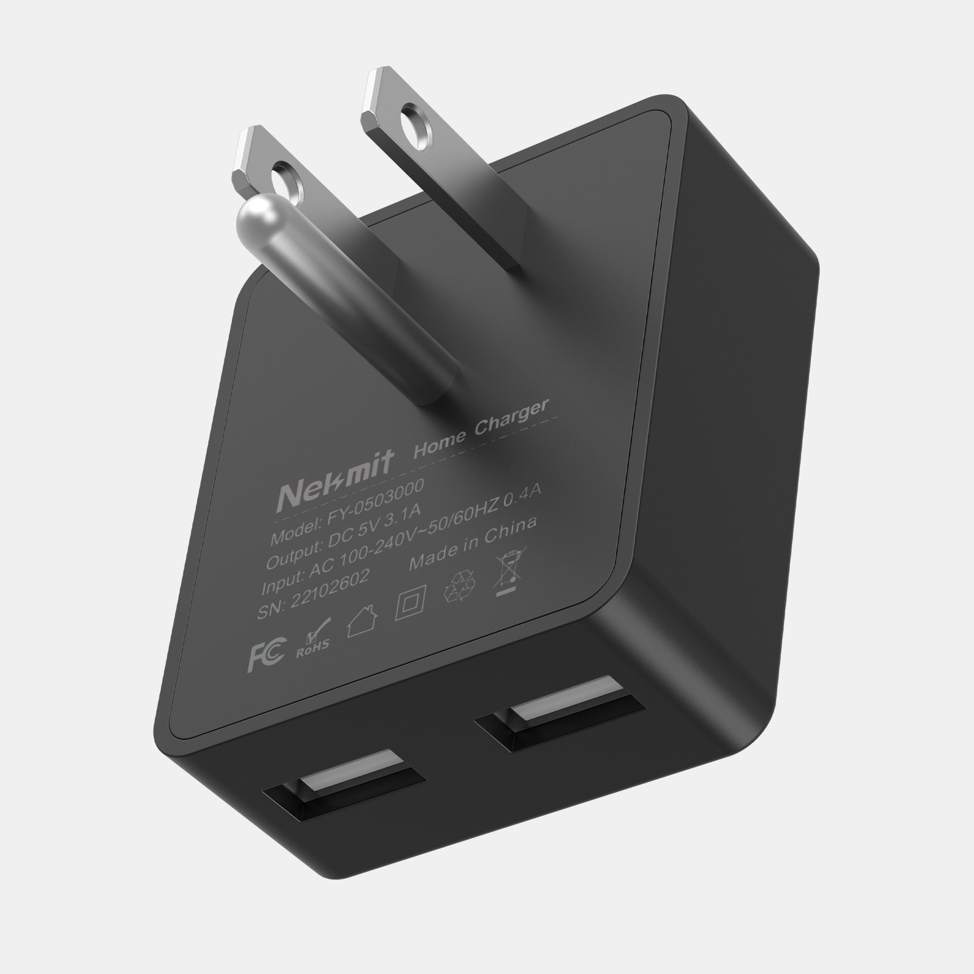 Black home charger with USB ports on a white background