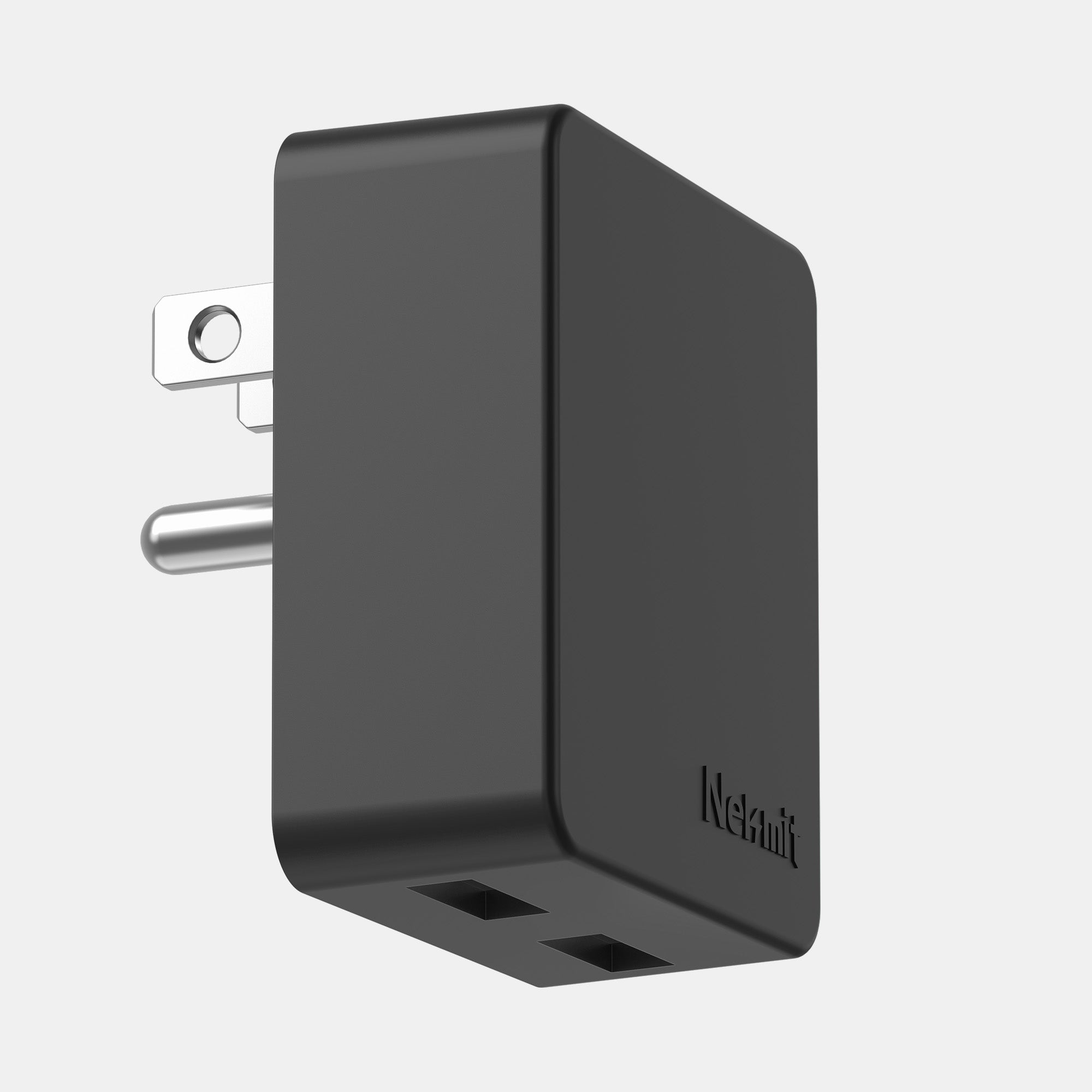 Black wall adapter with two USB ports on a light gray background
