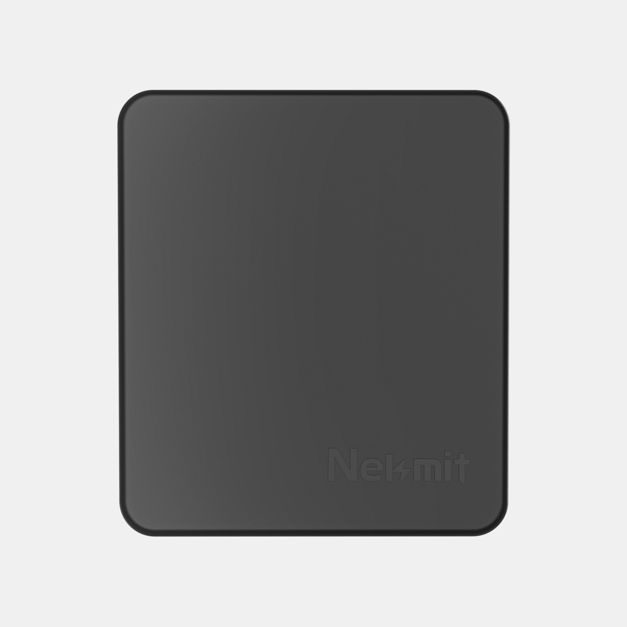 Black mouse pad with 'Nelmit' branding on a light gray background