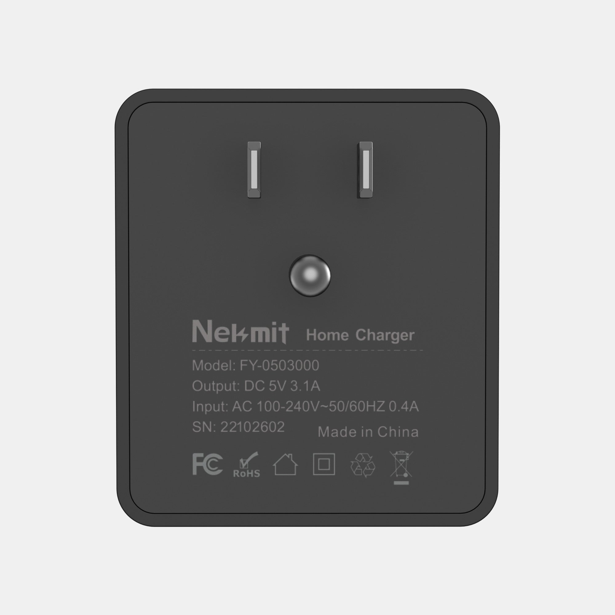 Nelkit home charger on a light gray background