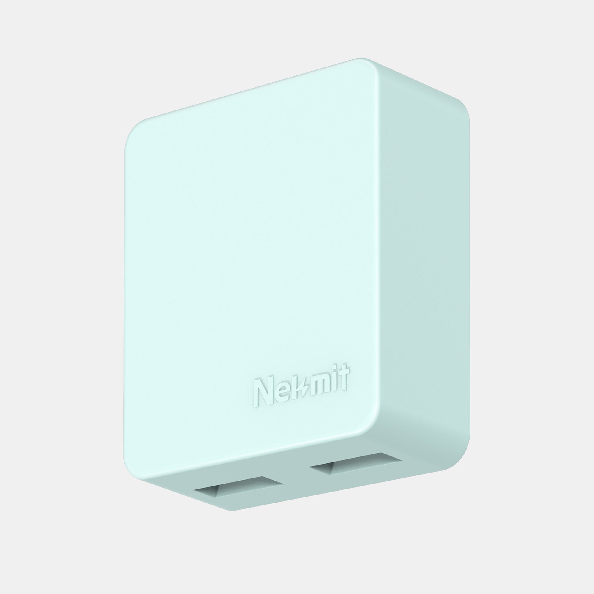 Mint green power adapter with 'Nelmit' branding on a light pink background