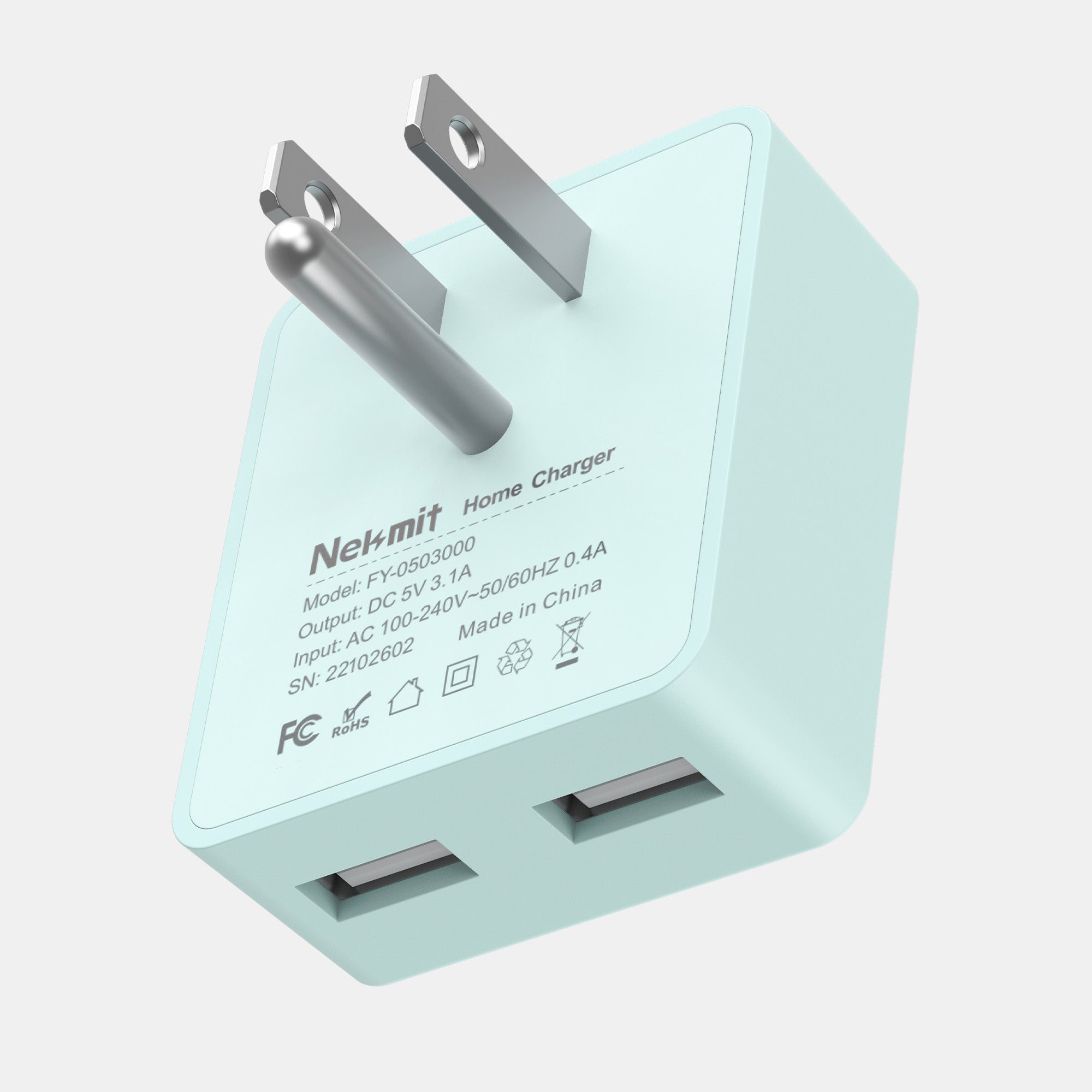 Nekmit home charger with dual USB ports on a white background