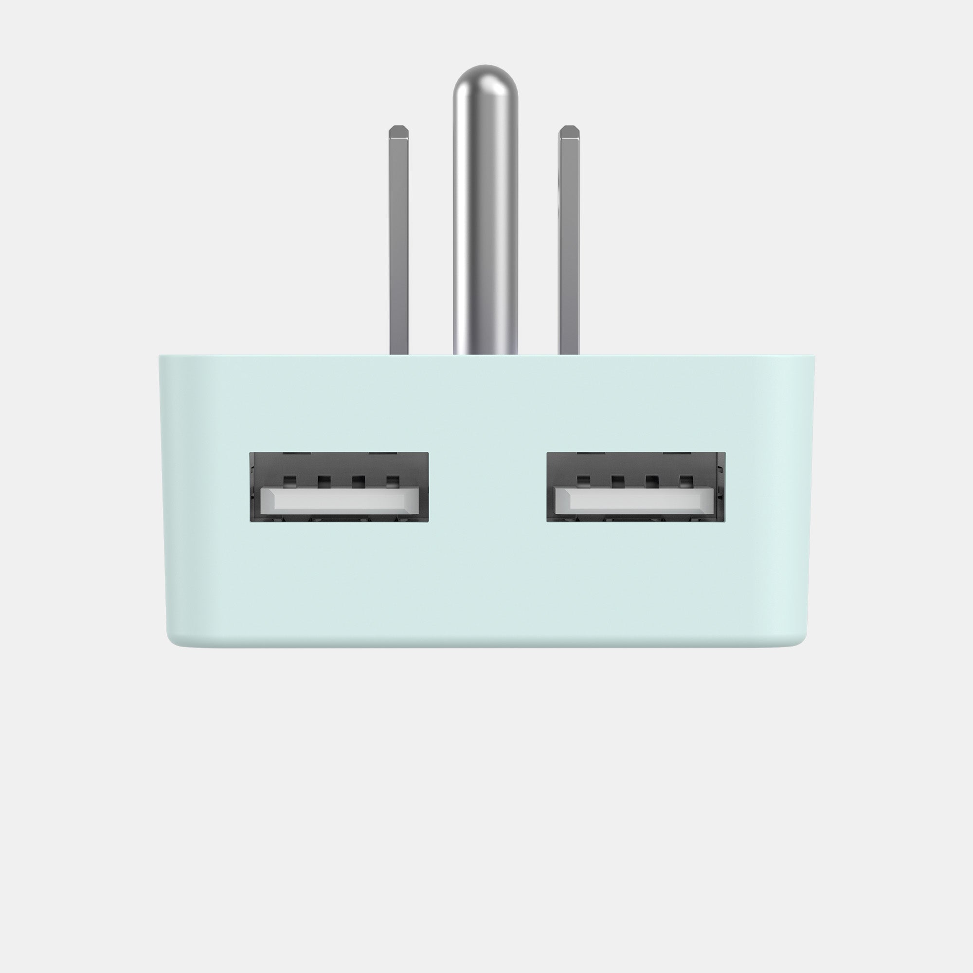 Light blue rectangular device with two USB ports on a white background