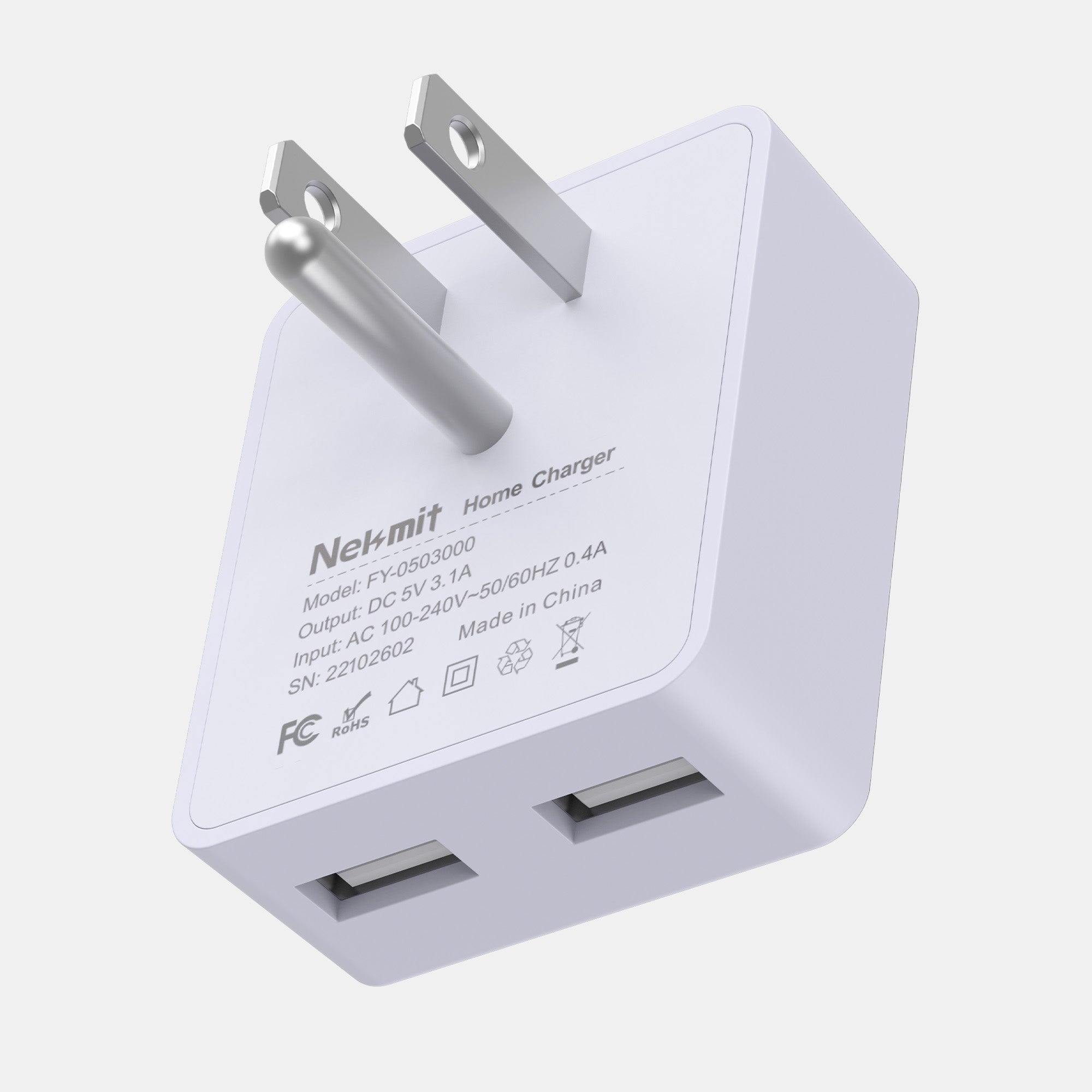 White home charger with two USB ports on a white background