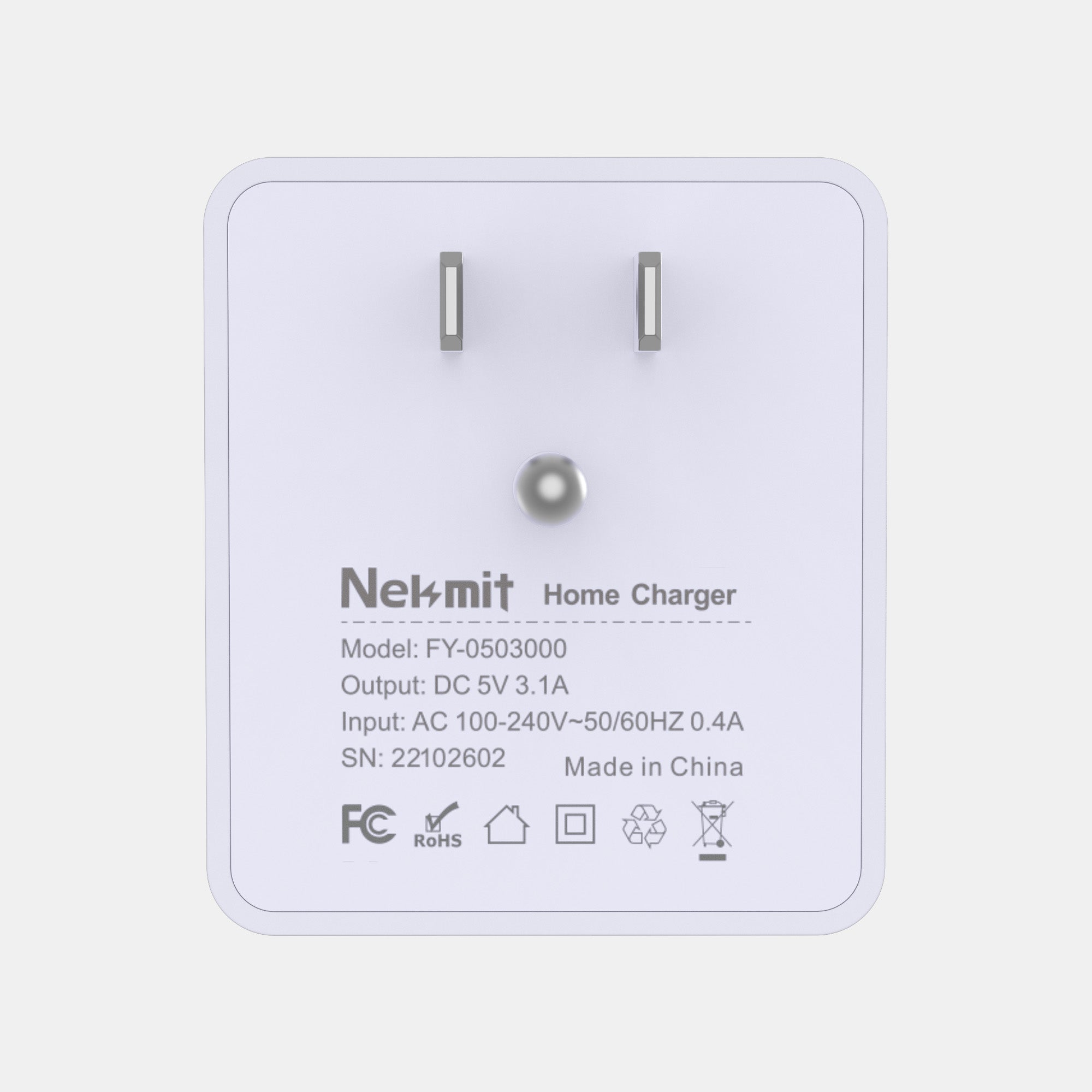 Nekmit home charger with specifications on a light gray background