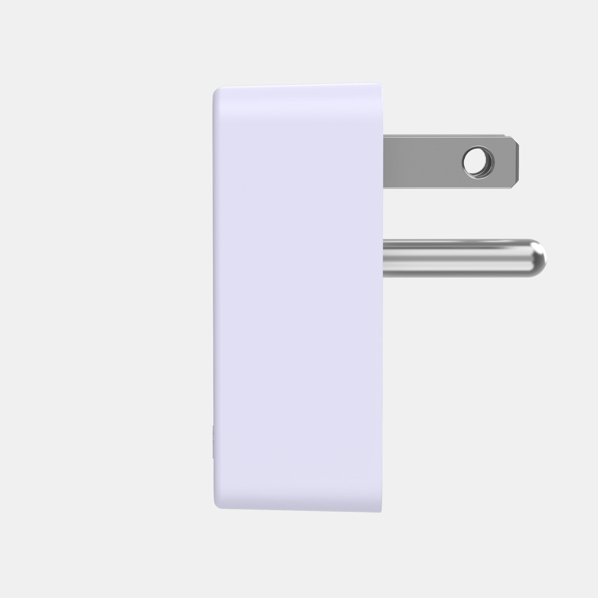 White power bank with a silver connector on a light gray background