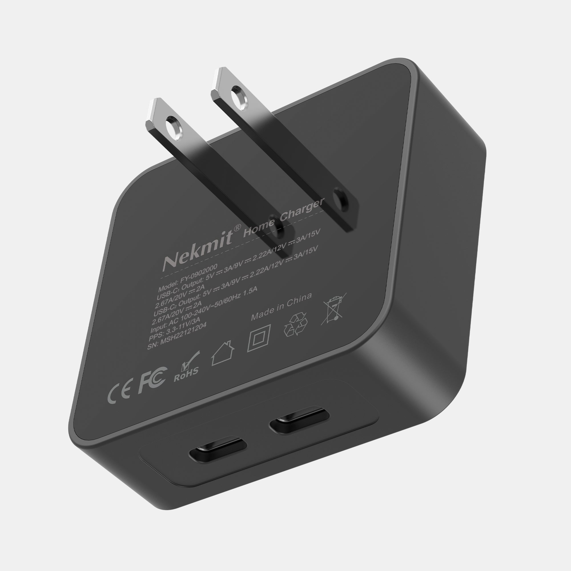 Black Nekmit home charger with two USB ports on a light gray background