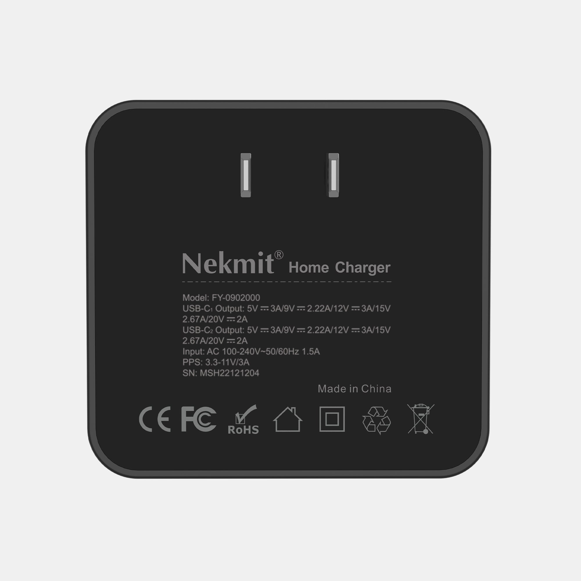 Black home charger with Nekmit branding on a light gray background