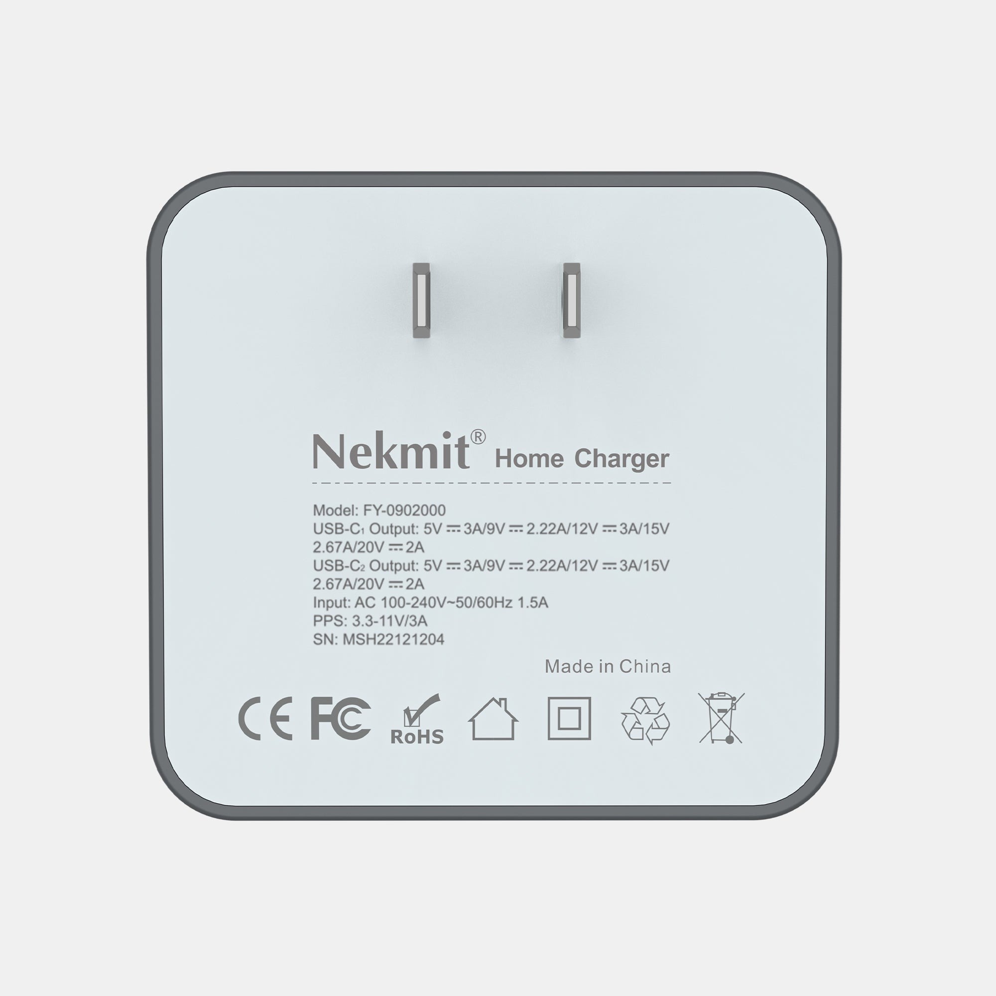 Nekmit home charger with specifications on a light gray background