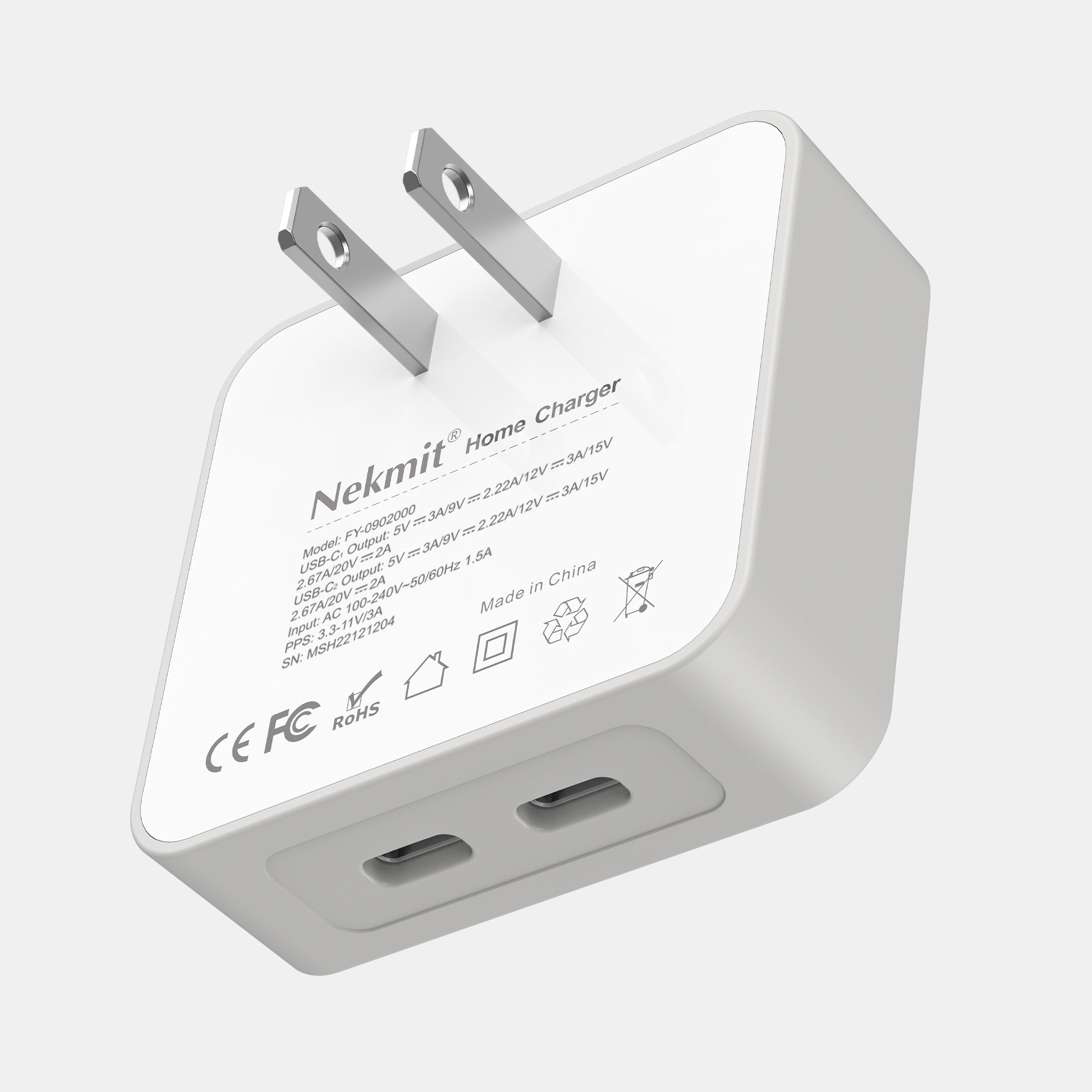 Nekmit home charger with two USB ports on a white background