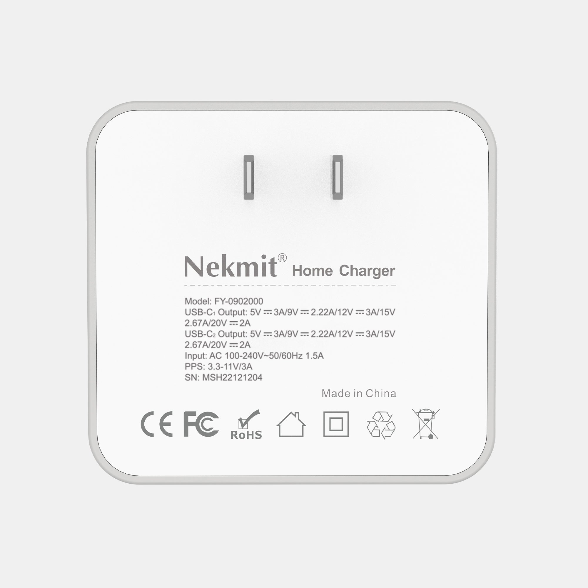 Nekmit home charger with specifications on a white background