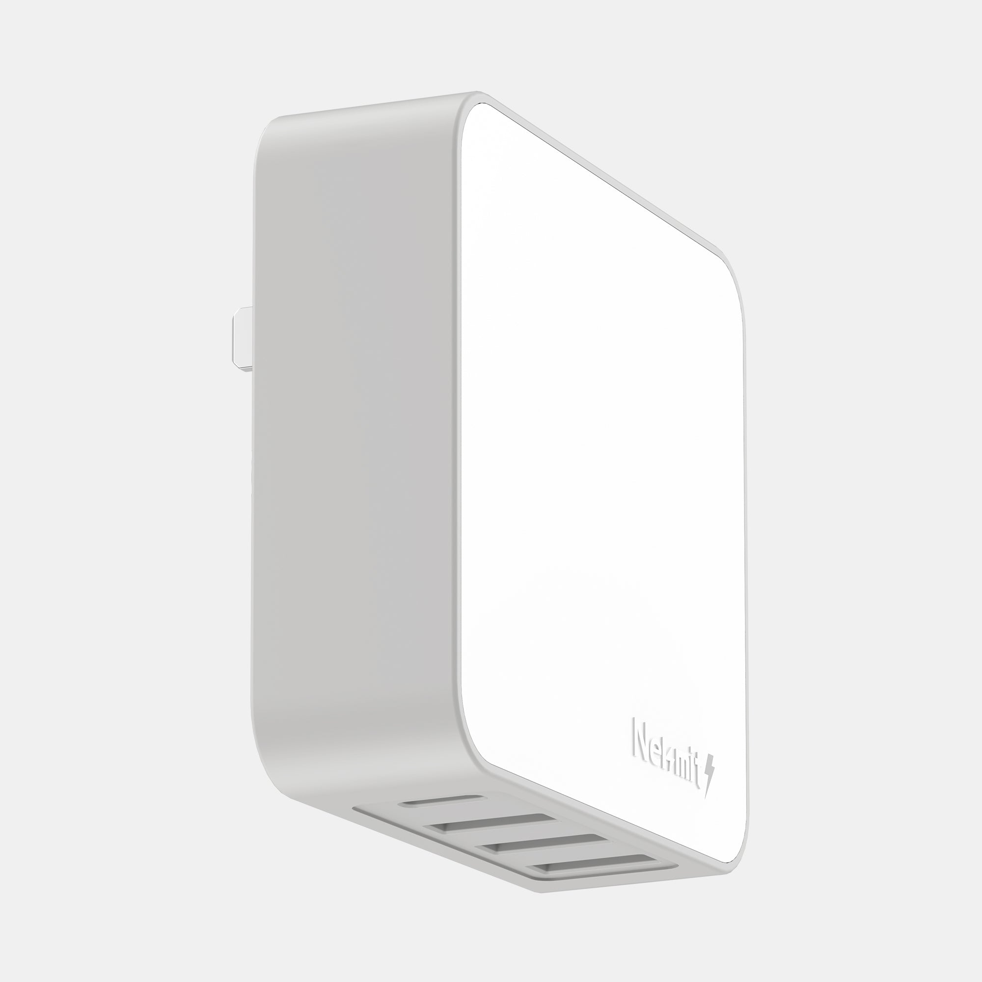 White electronic device with a brand logo on a light gray background