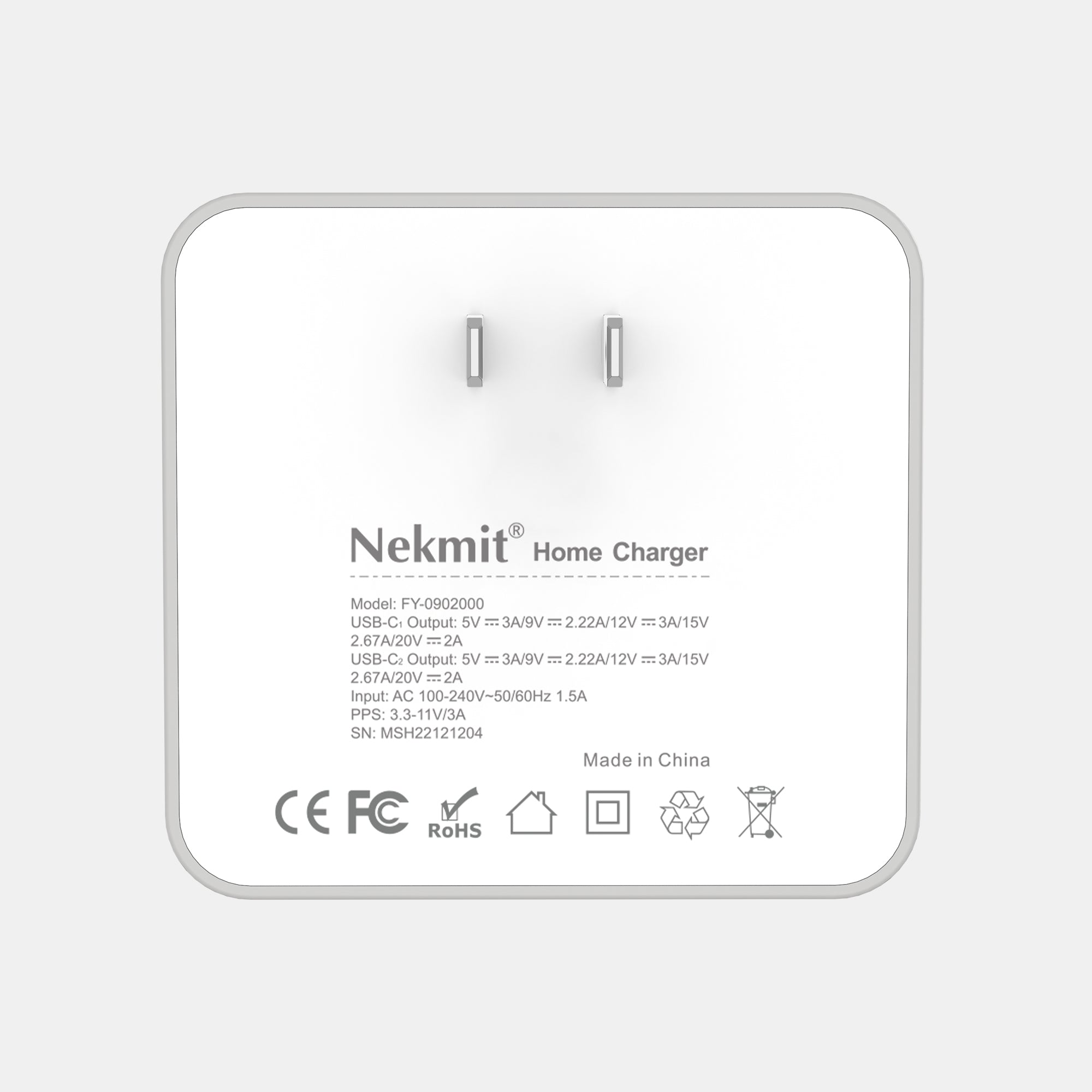 Nekmit home charger with specifications on a white background