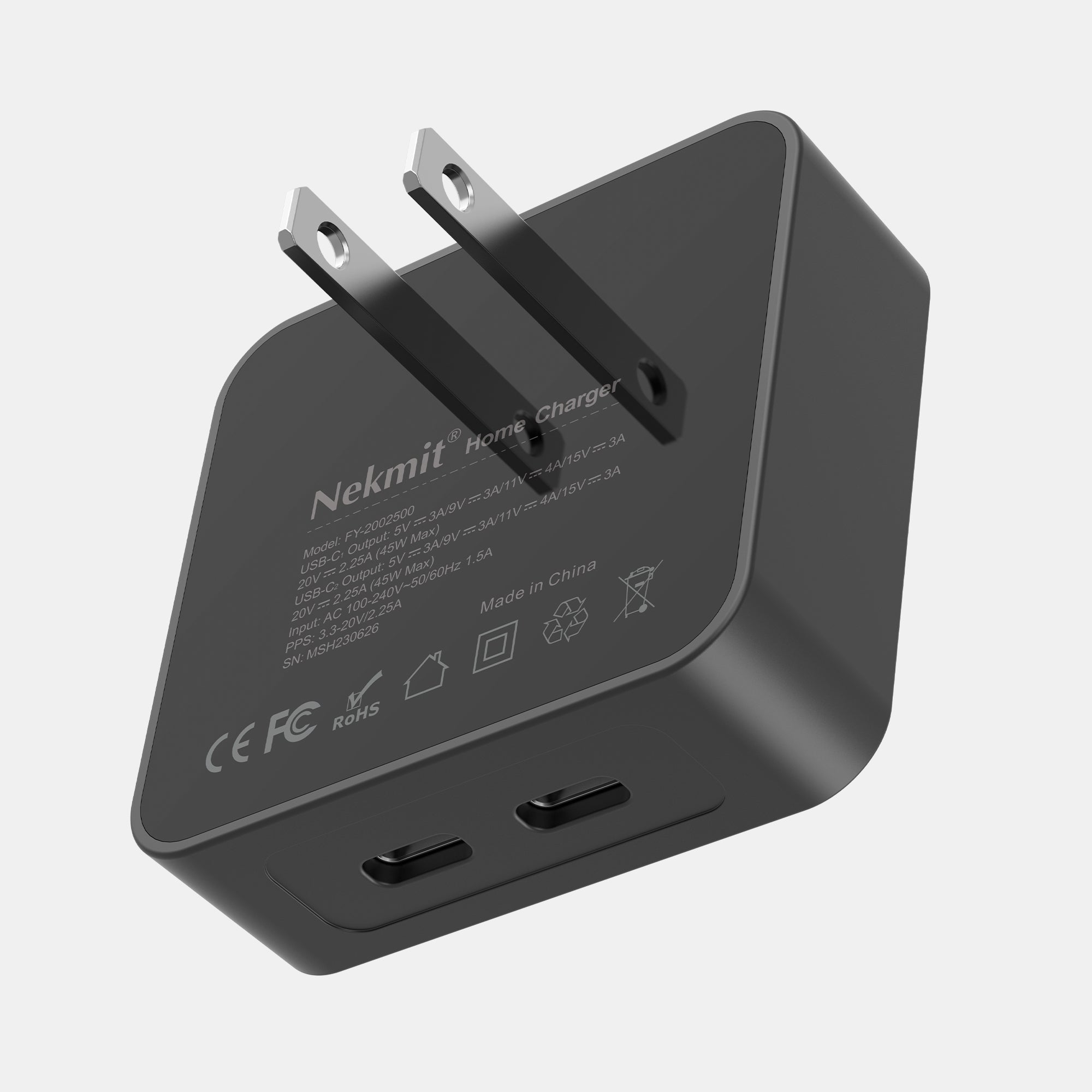 Black home charger with Nekmit branding on a light gray background