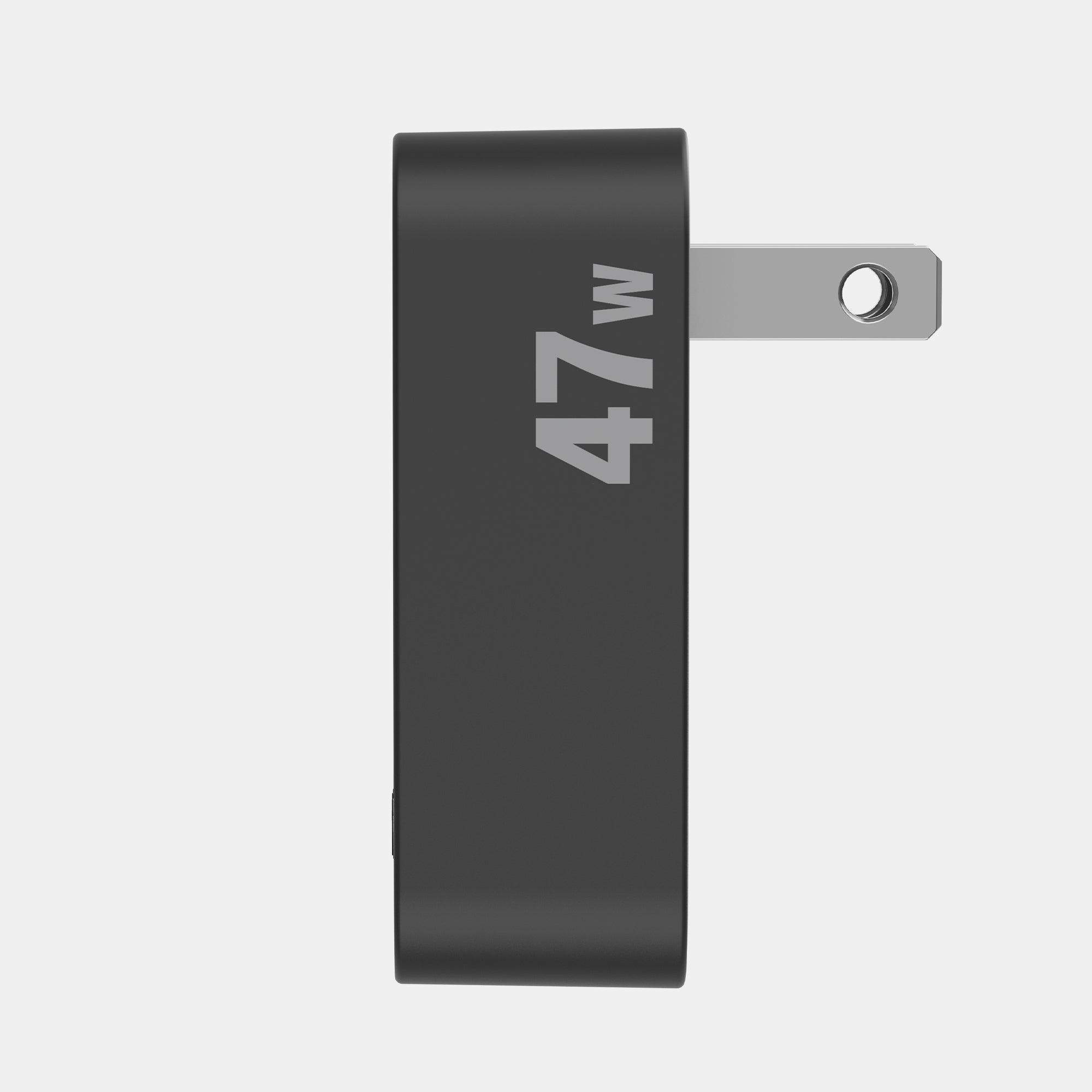 Black power adapter with '47W' marking on a white background