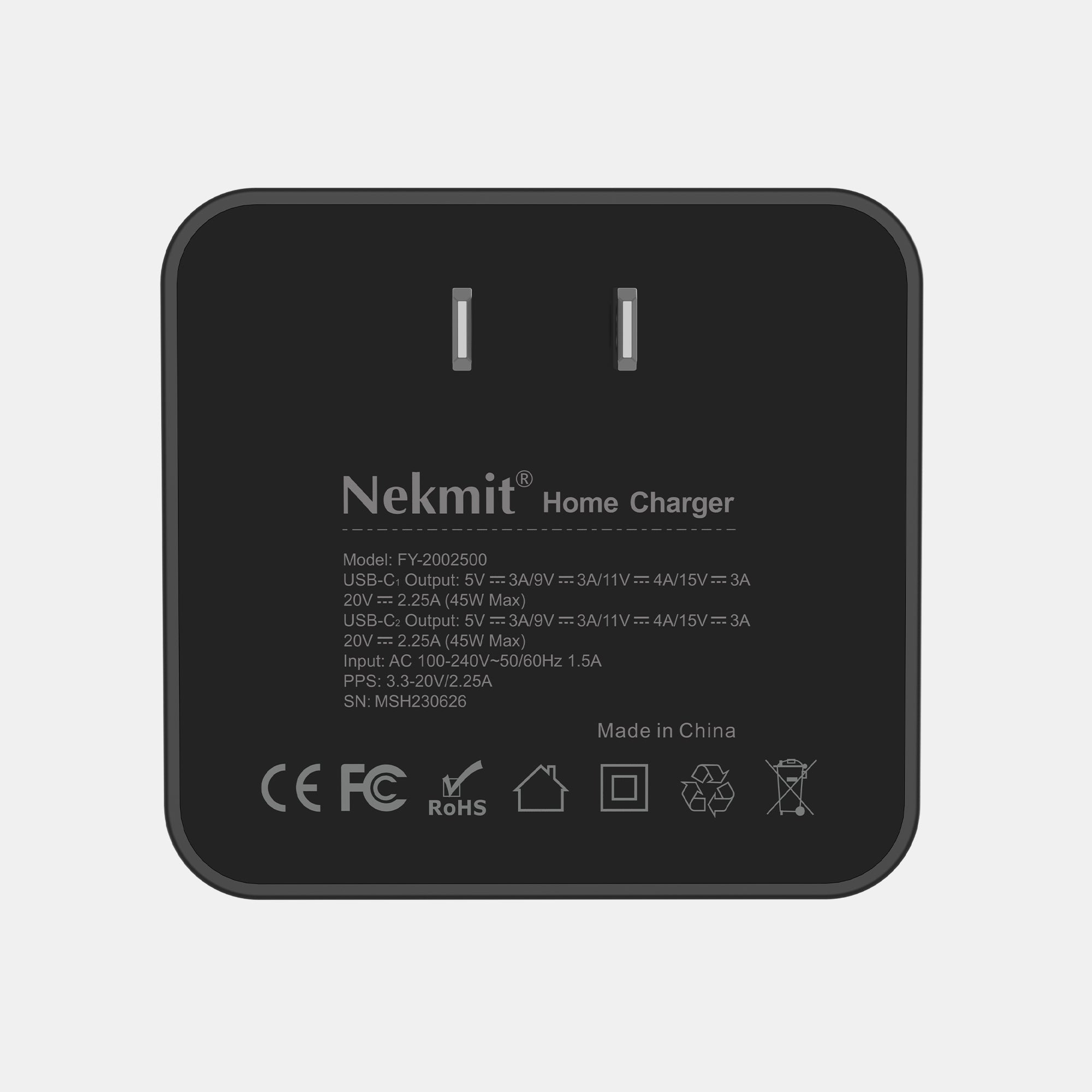 Black home charger with Nekmit branding on a light gray background