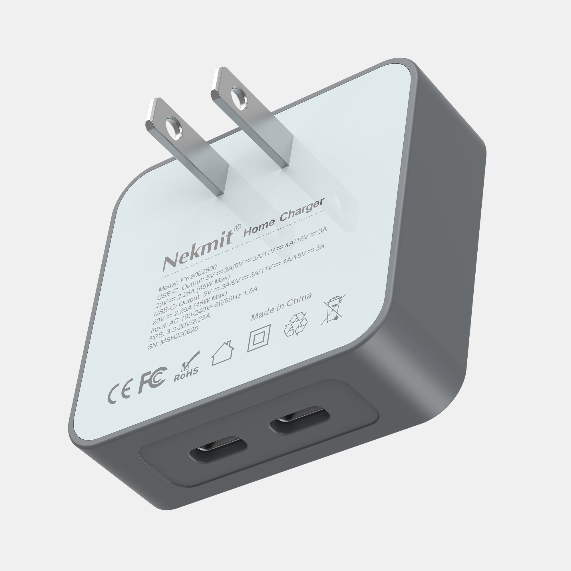 Nekmit home charger with USB-C port on a light gray background