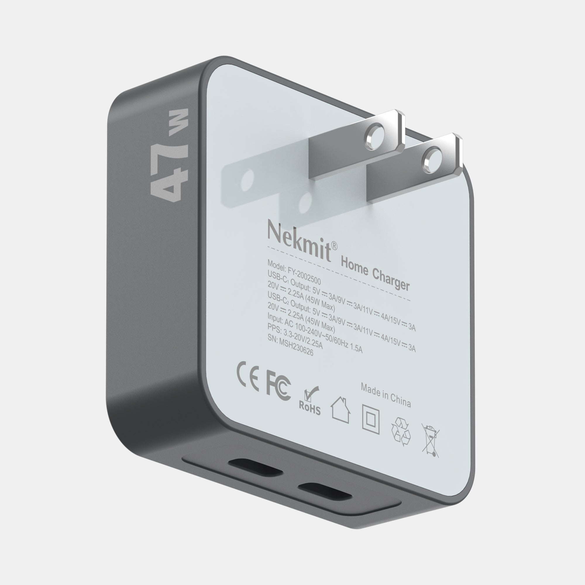 Nekmit home charger with USB-C and USB-A ports on a white background