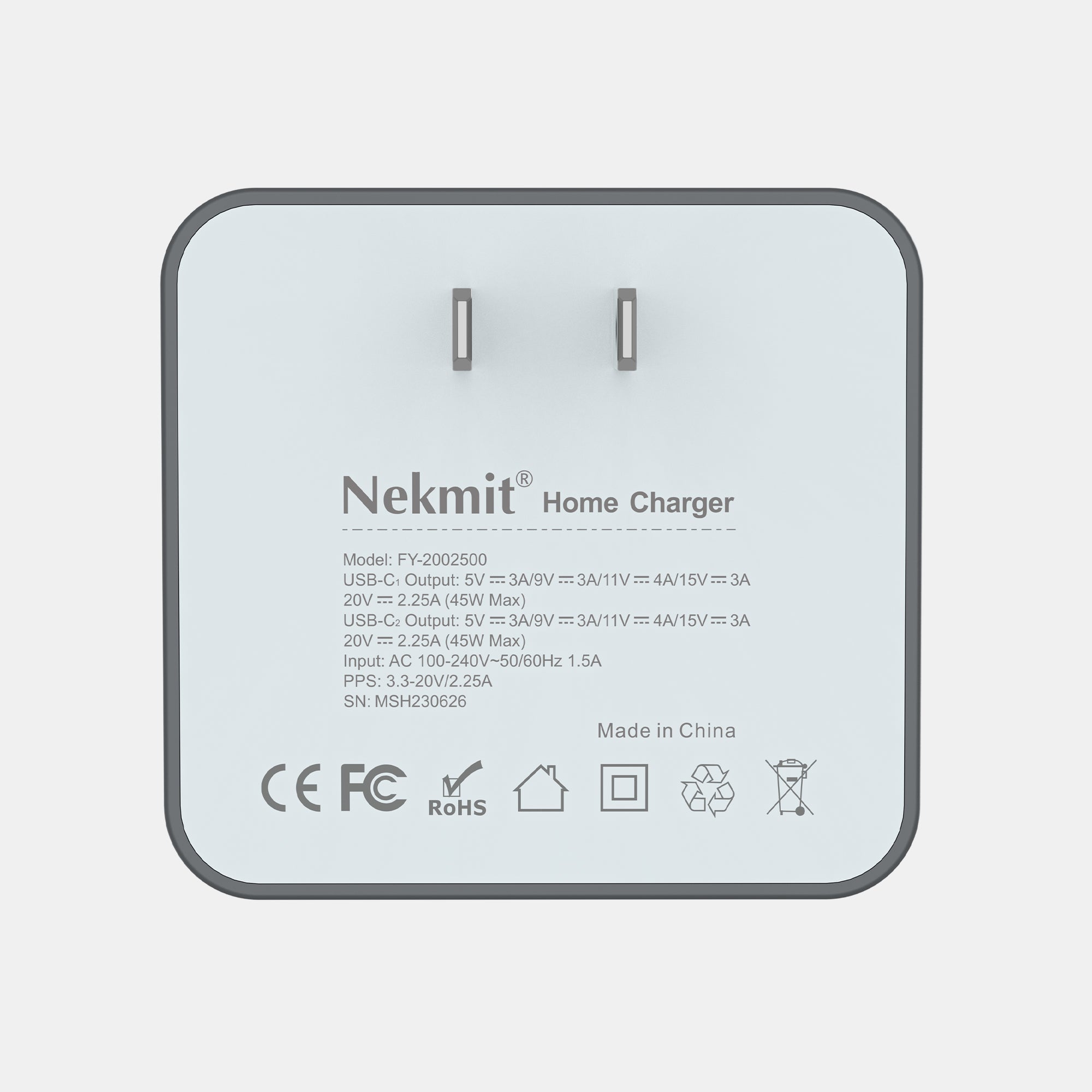Nekmit home charger with specifications on a light gray background