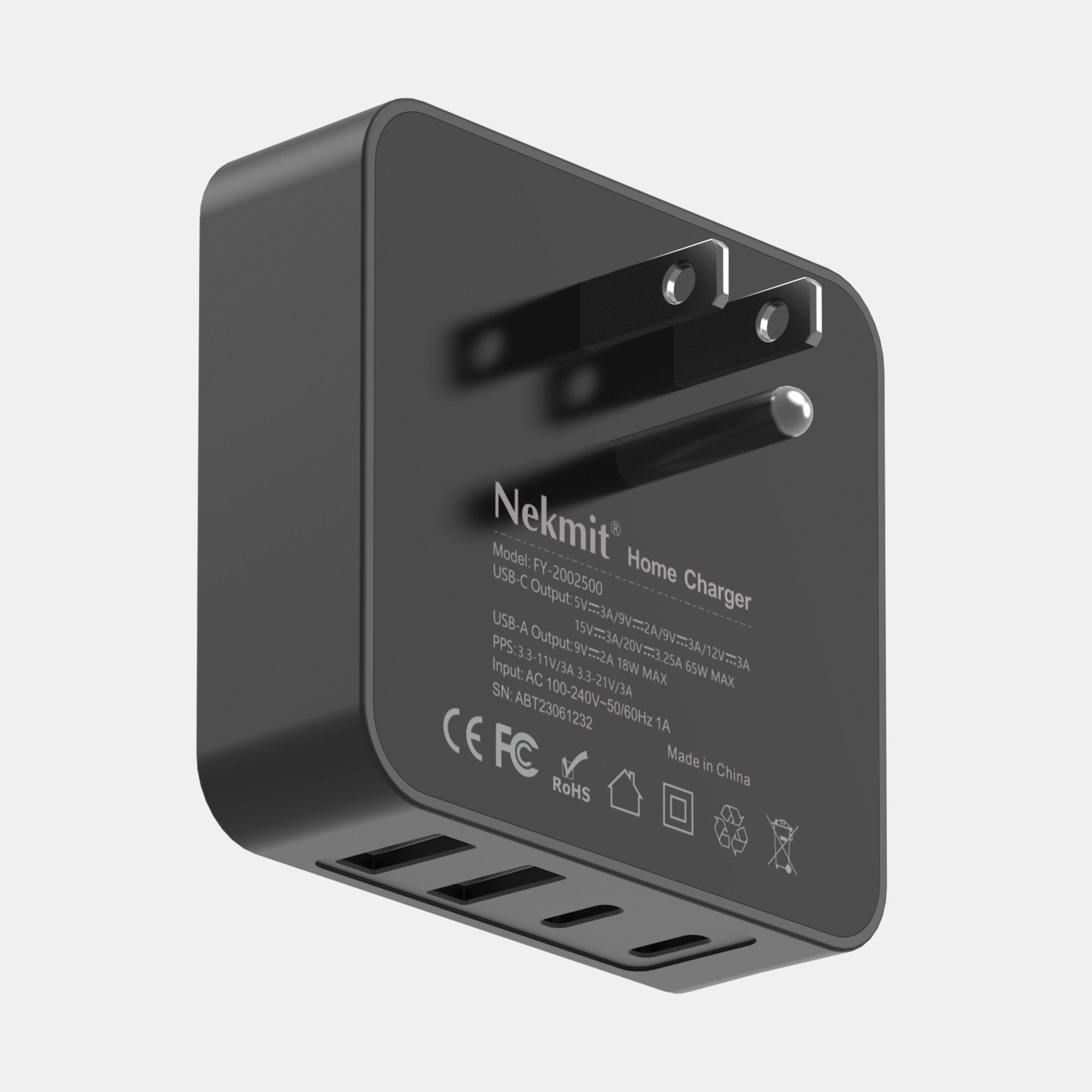 Nekmit home charger with multiple ports on a white background