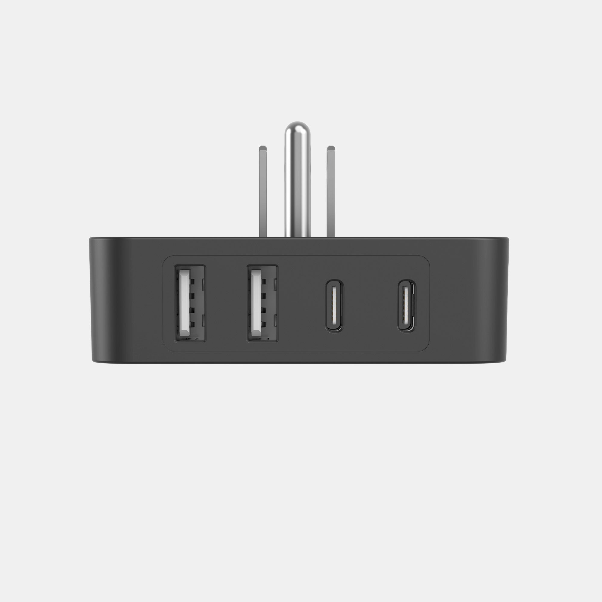 Black electronic device with multiple ports on a light gray background