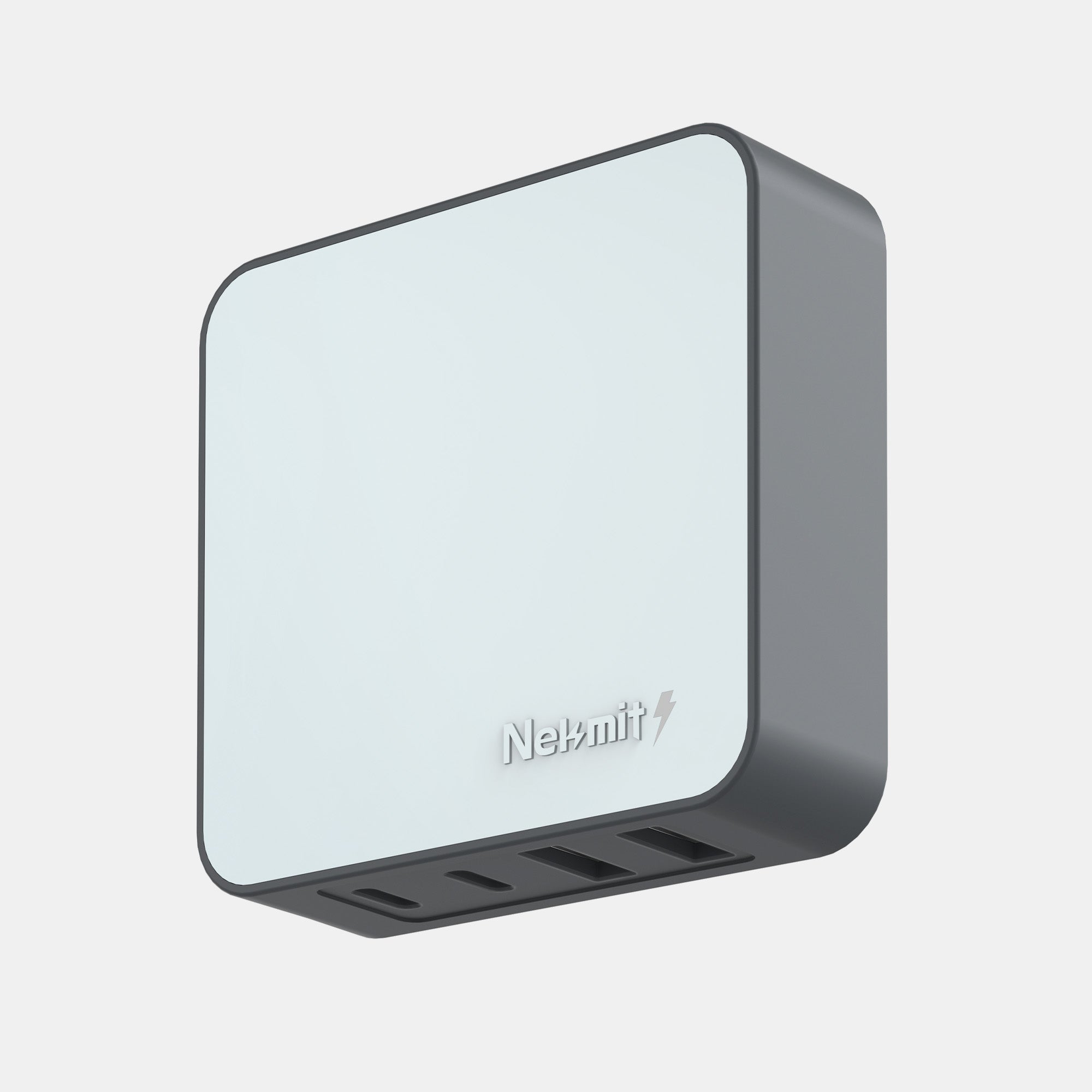 Gray and white power adapter with Neboit logo on a light gray background