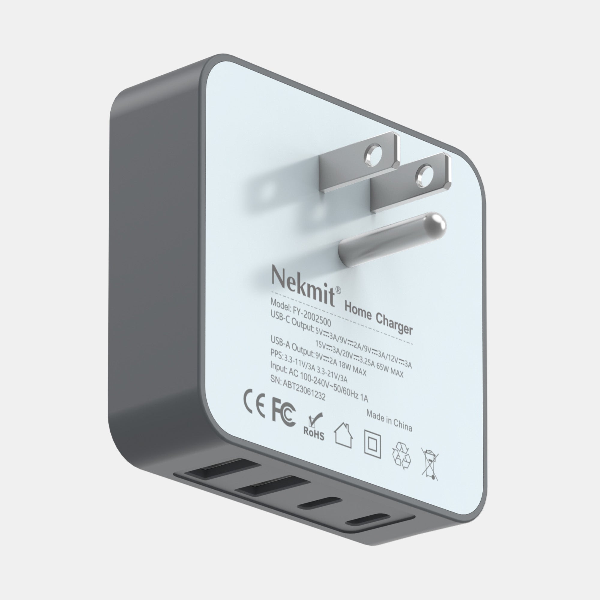 Nekmit home charger with multiple ports on a white background