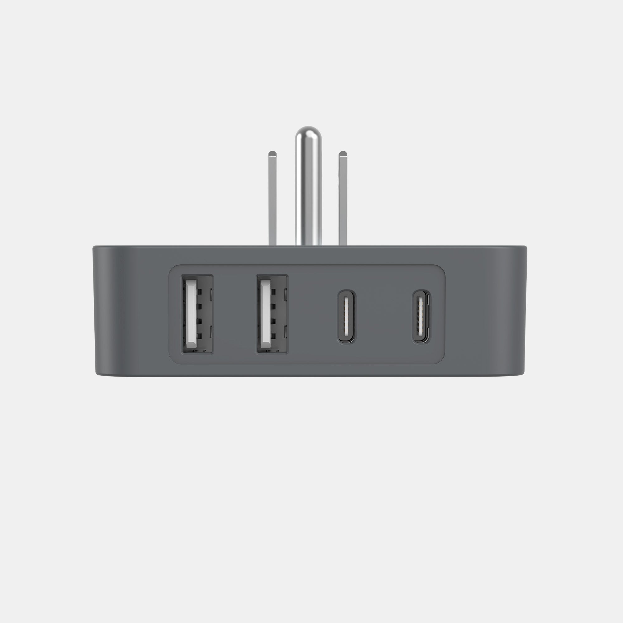 Gray USB hub with multiple ports on a light gray background