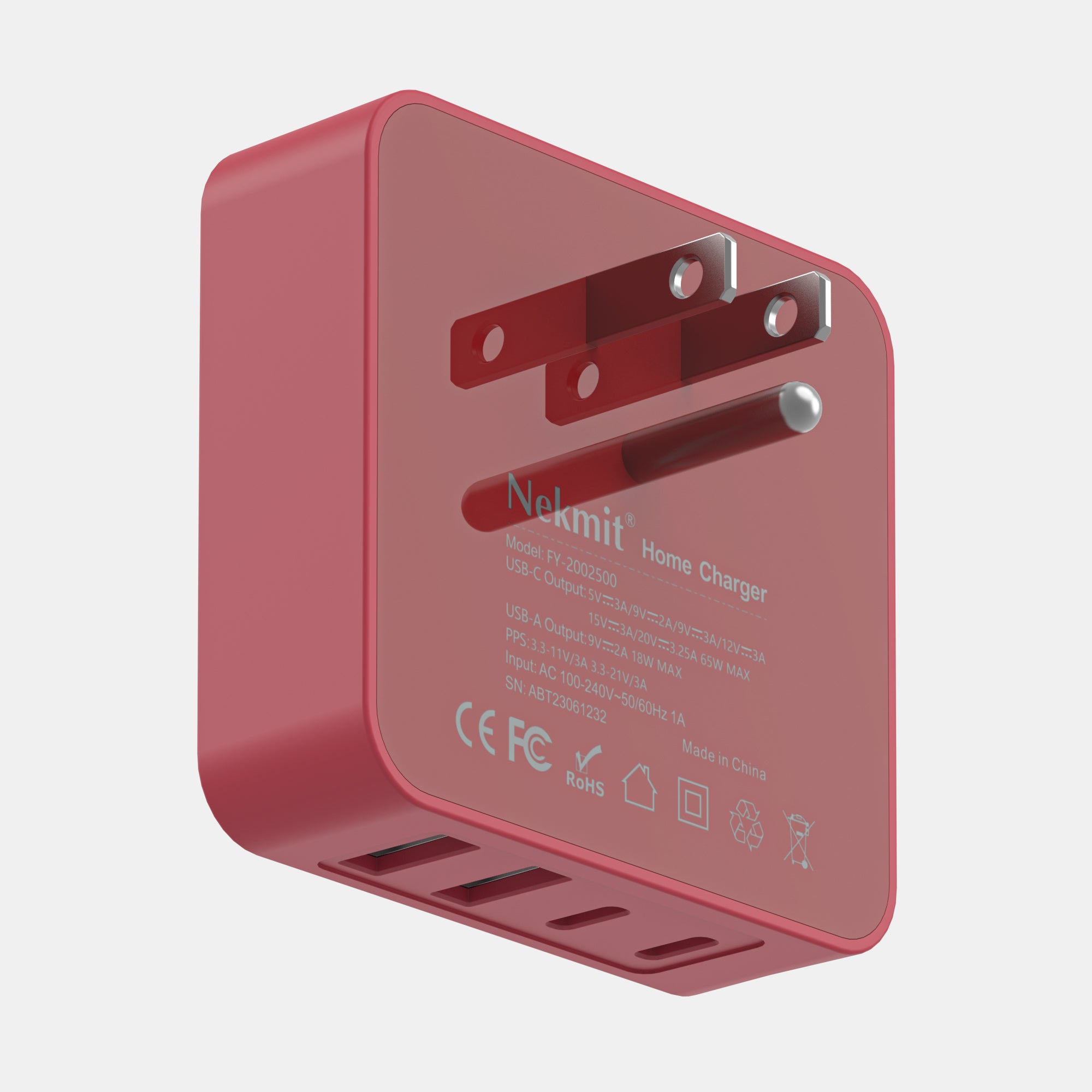 Red home charger with 'Nelmit' branding on a light gray background