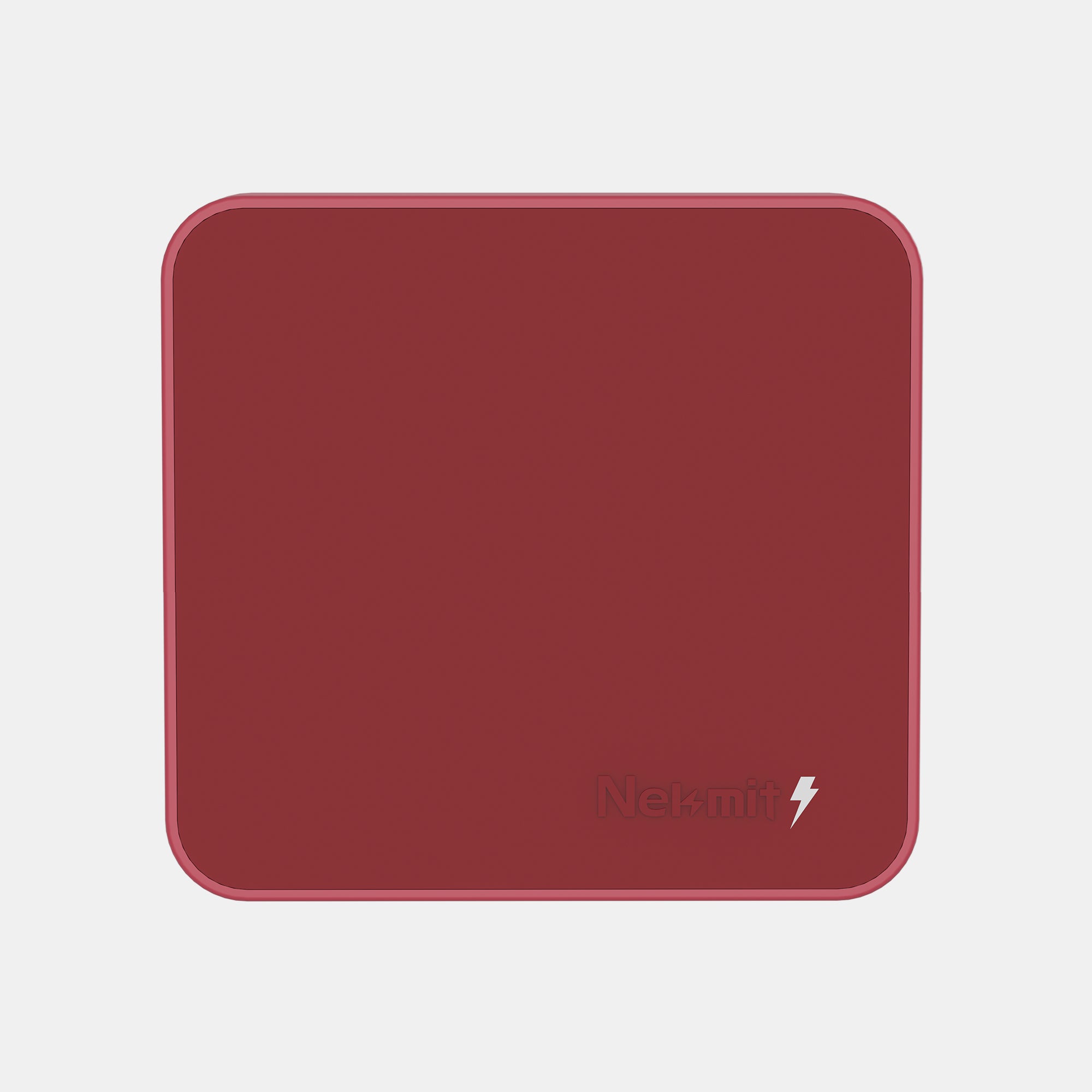 Red mouse pad with a brand logo on a light gray background