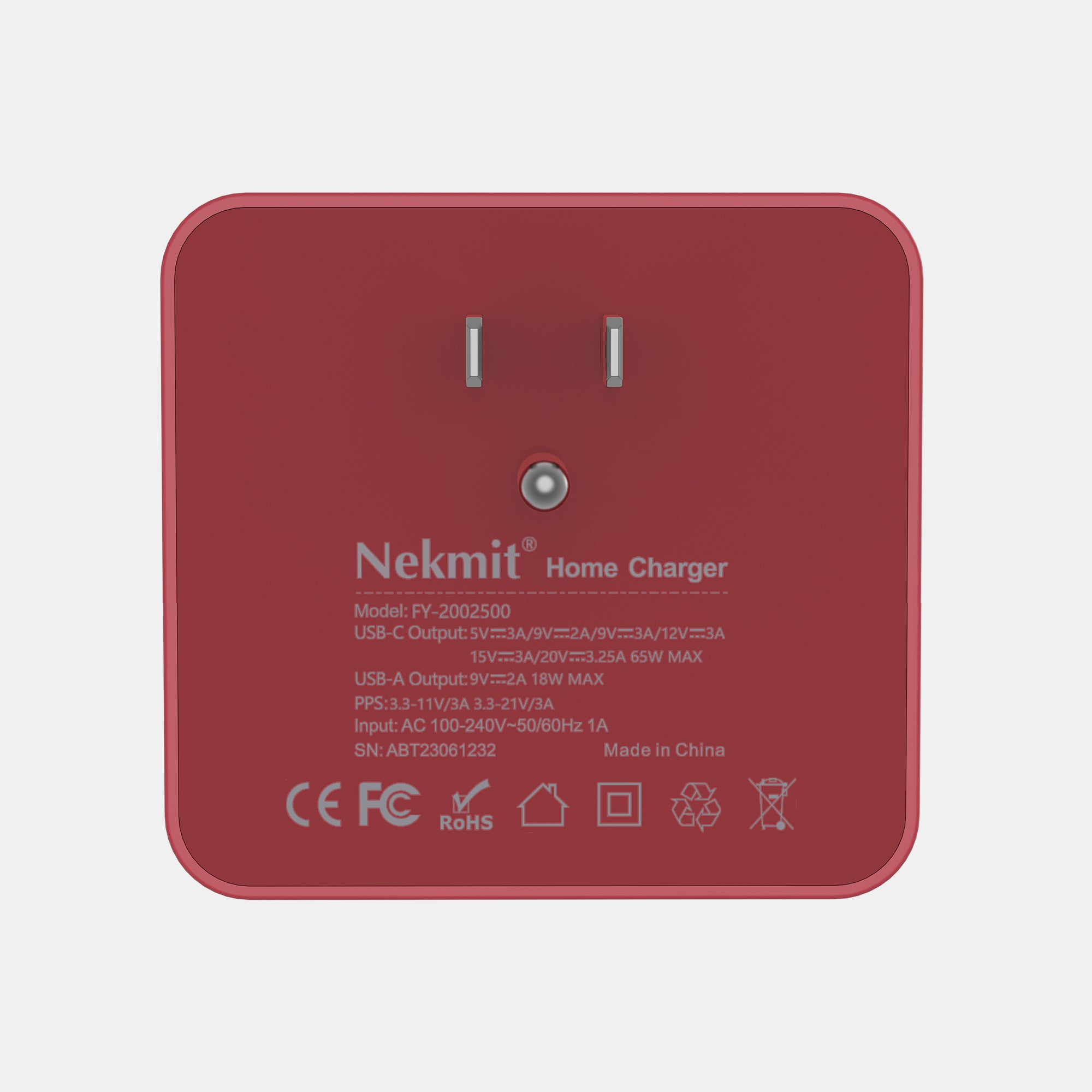 Red home charger with Nekmit branding on a light gray background