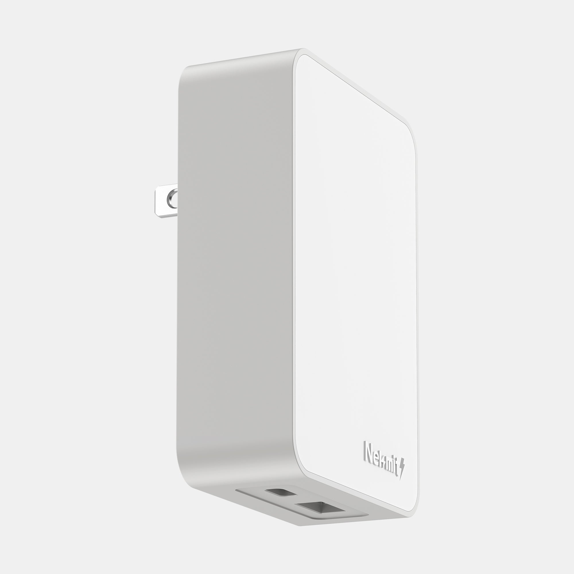 White power adapter with multiple ports on a light gray background