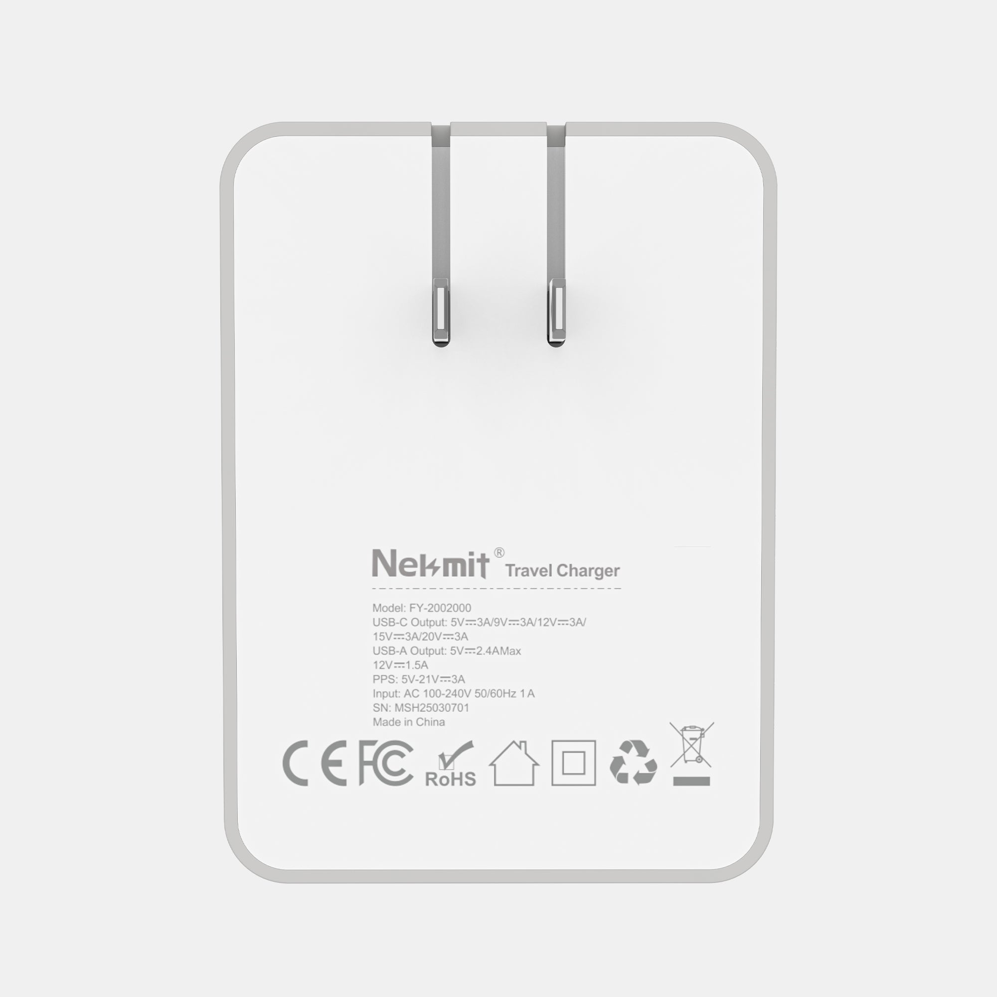 Nekmit travel charger on a light gray background