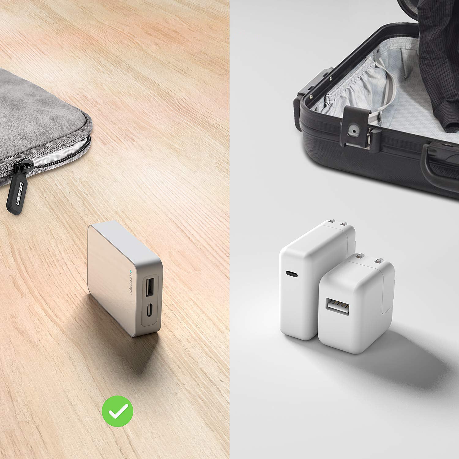 Two power adapters on a wooden surface and next to an open suitcase.