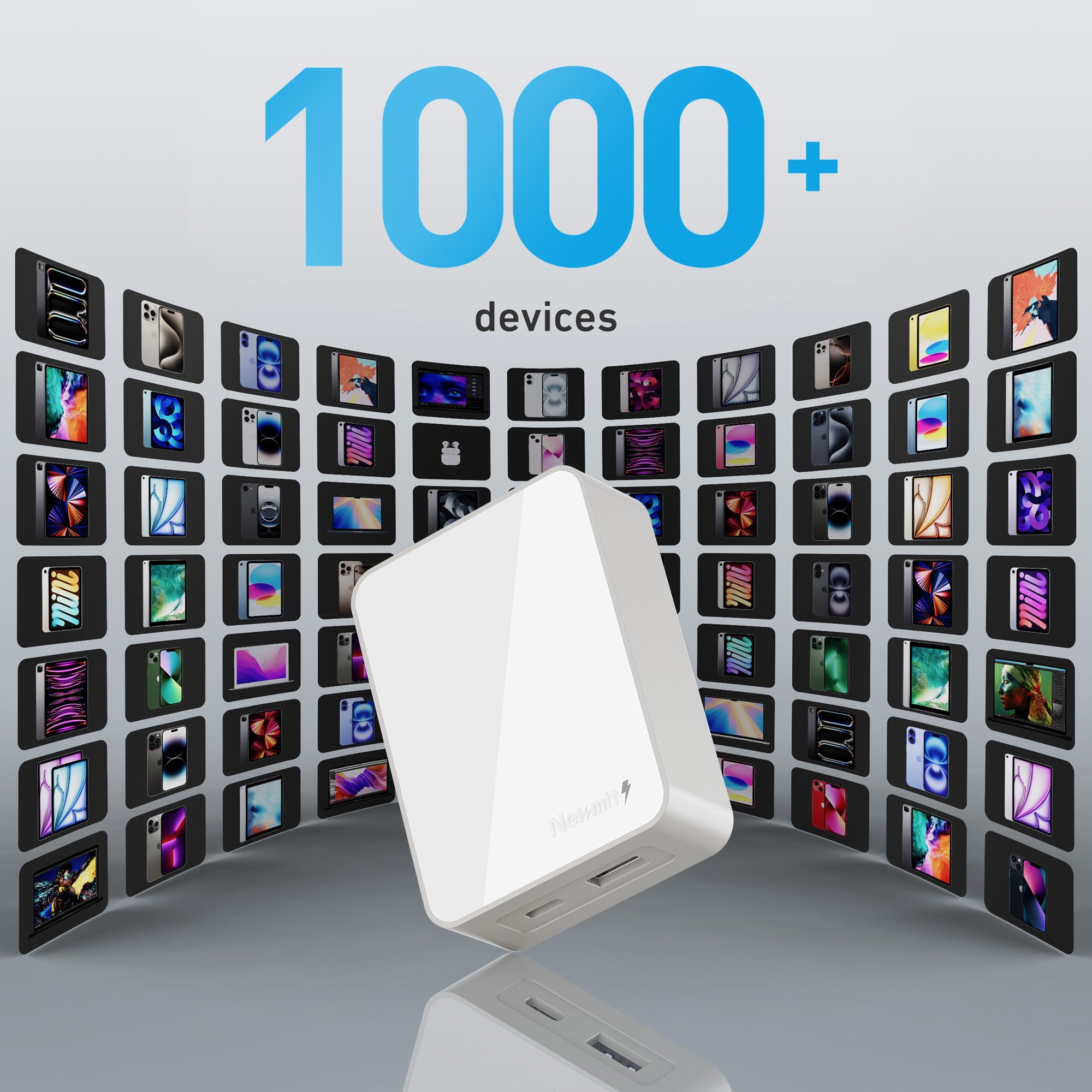 White device with multiple smaller screens displaying colorful graphics against a light gray background.