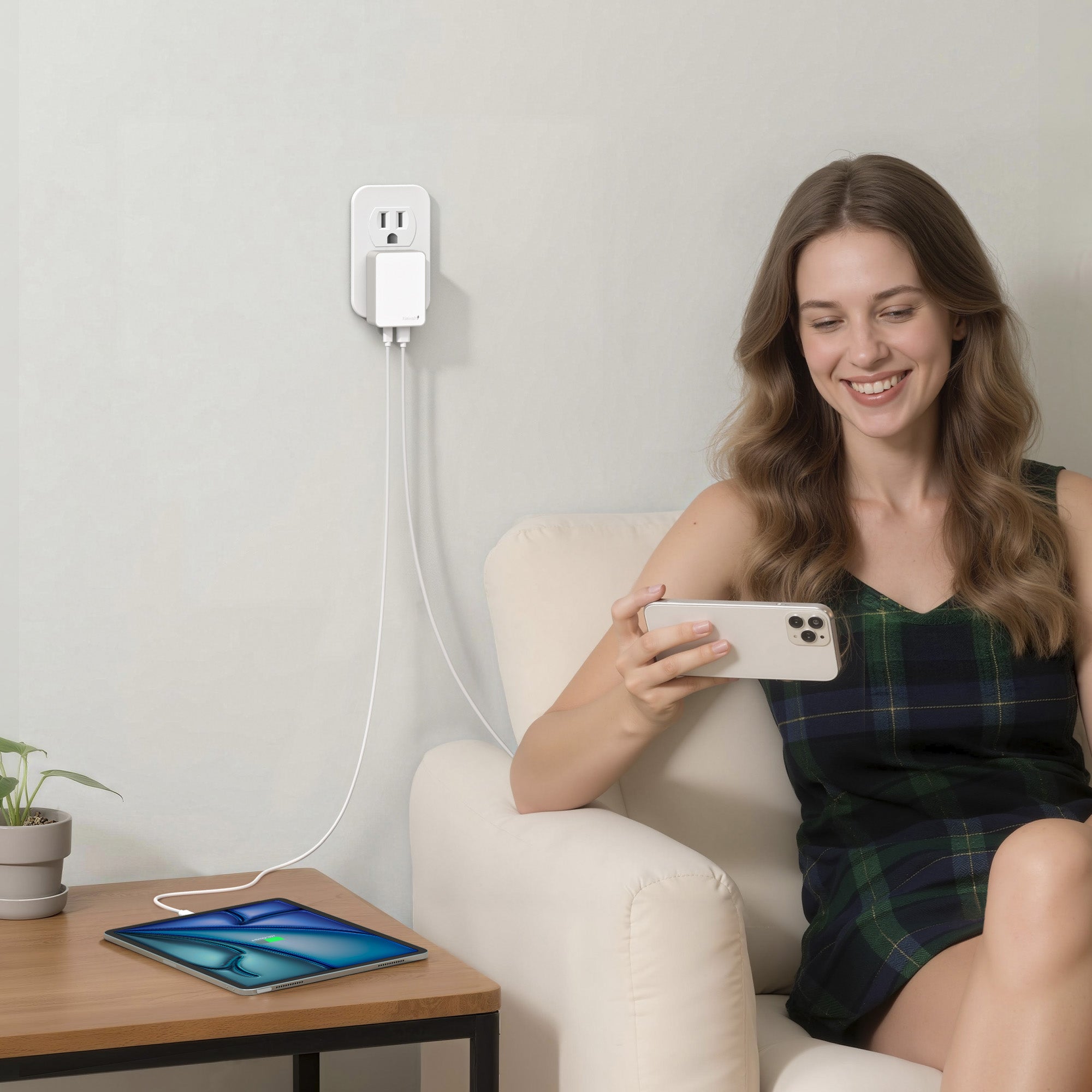 Woman sitting on a chair using a smartphone with a tablet on a table next to her, against a light-colored wall.