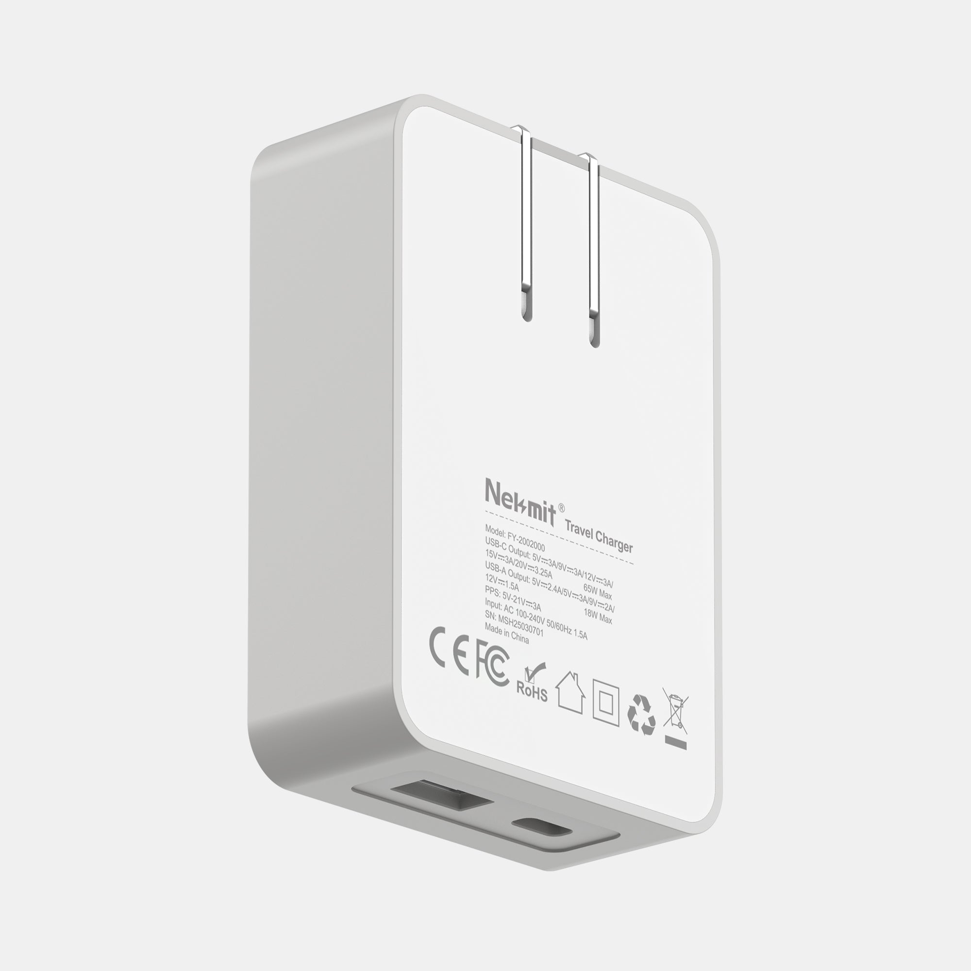Nekmit travel charger with two USB ports on a white background