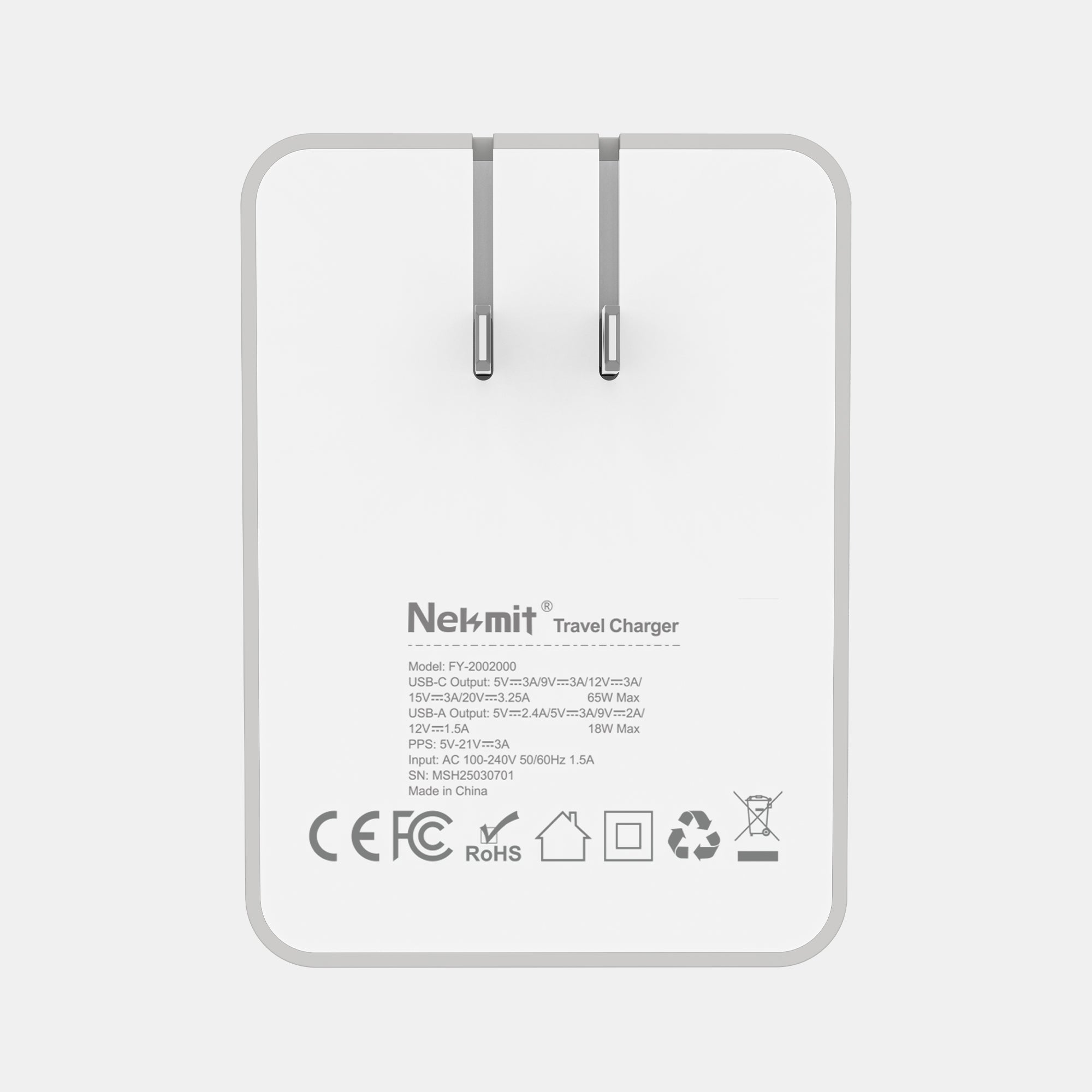Nekmit travel charger on a light gray background