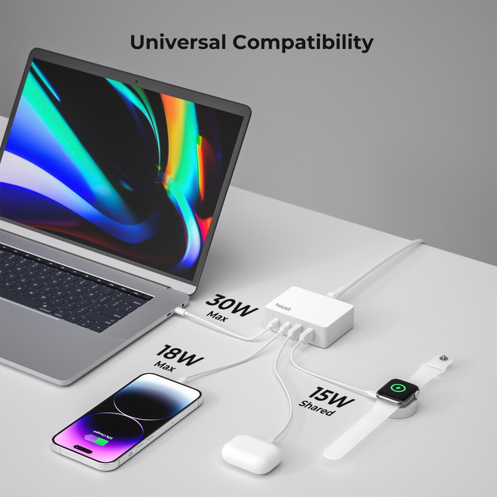 Laptop, smartphone, smartwatch, and headphones with charging cables on a gray surface, emphasizing universal compatibility.