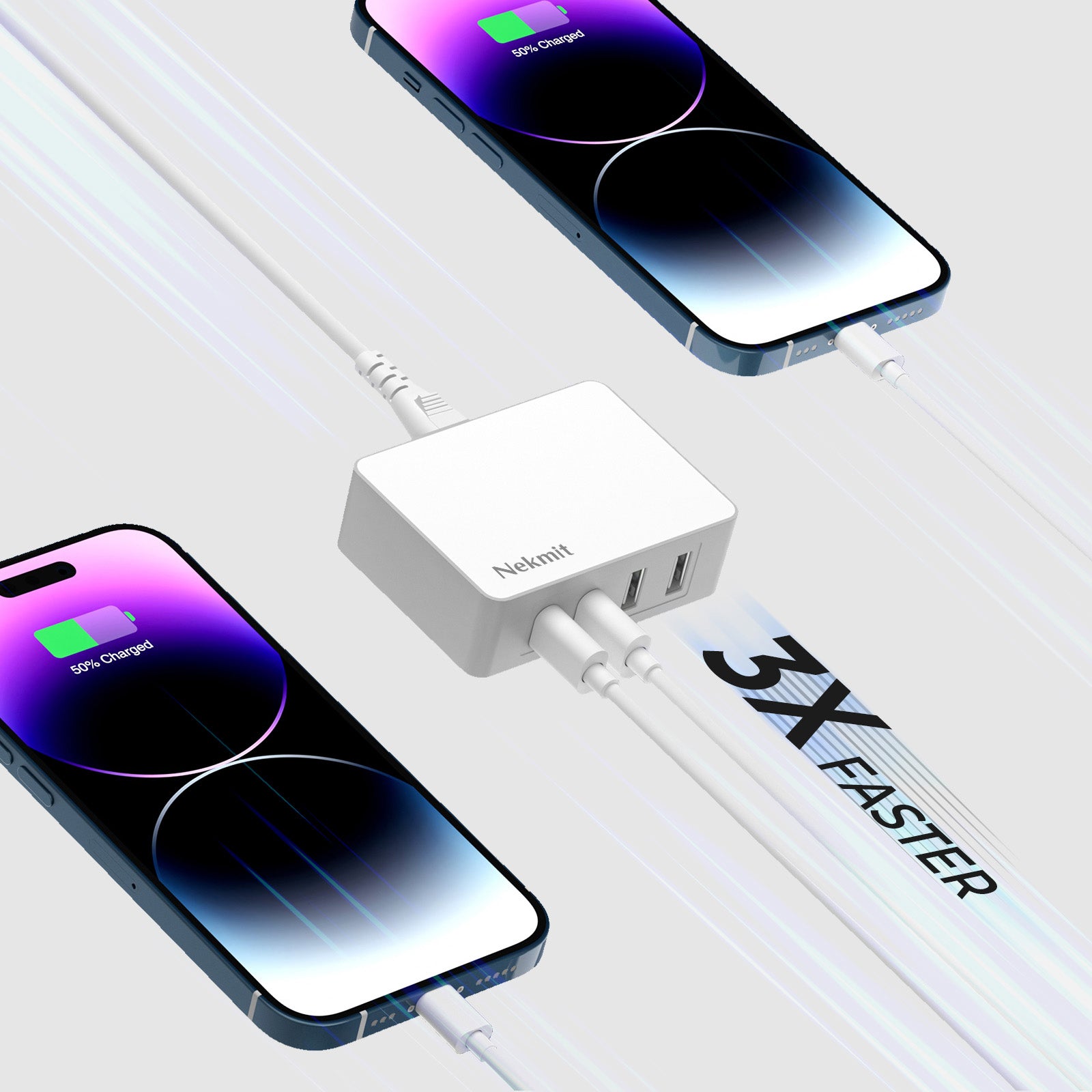 Two smartphones charging with a Nekteck USB-C adapter on a light gray background