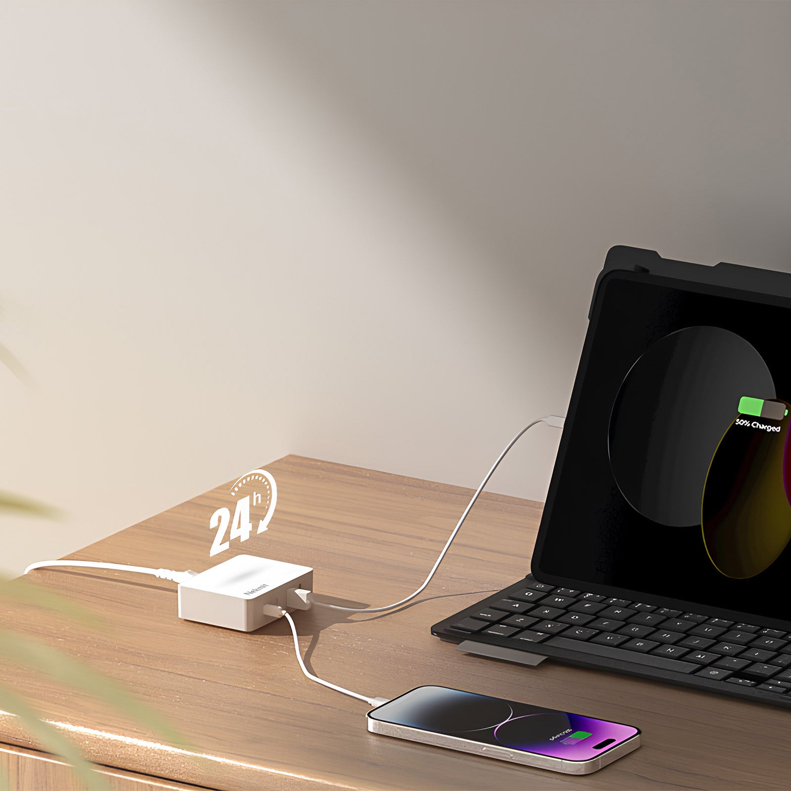 Laptop with keyboard and smartphone on a wooden desk, with a charging device in the background.