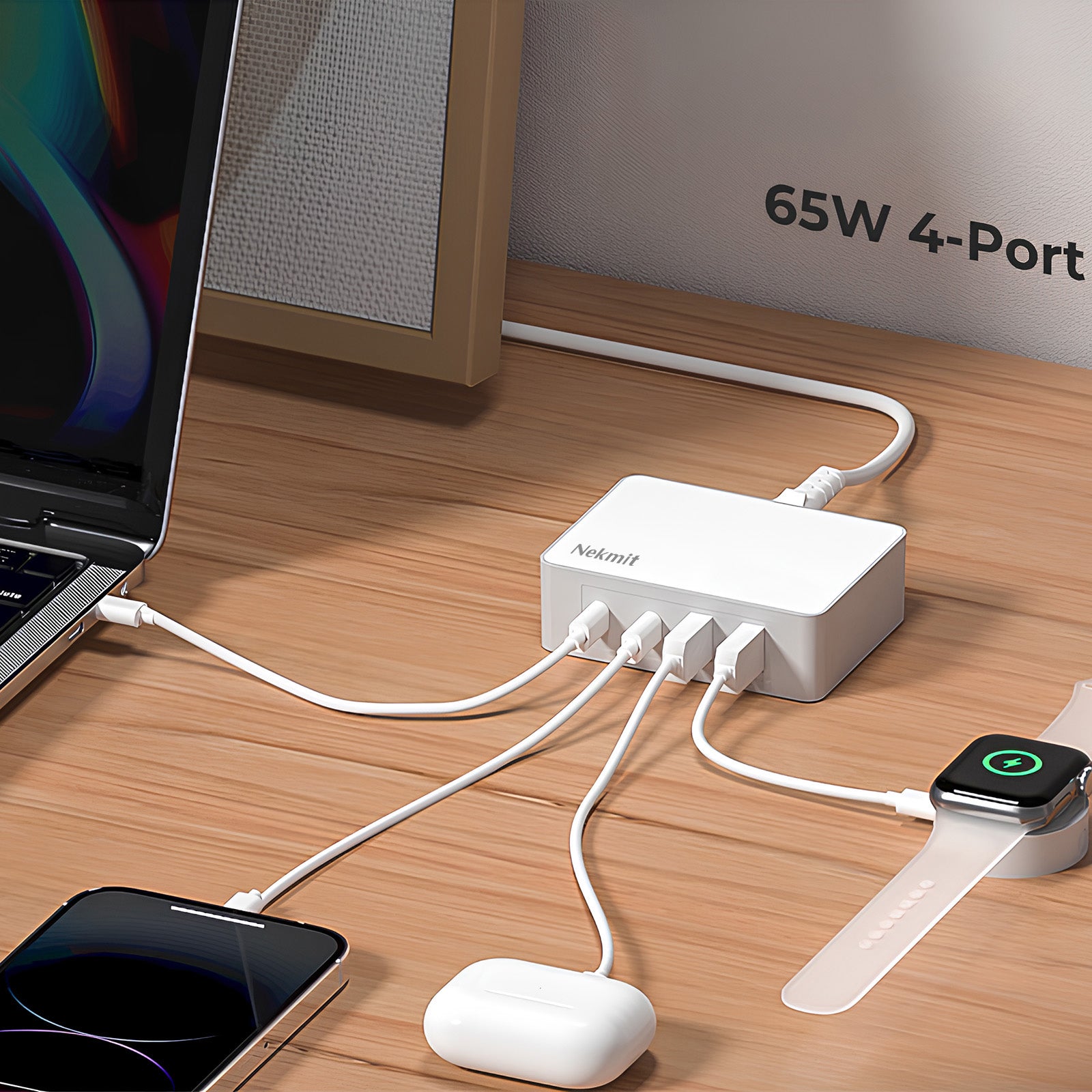 Nekmit 4-port charging hub with multiple devices on a wooden desk