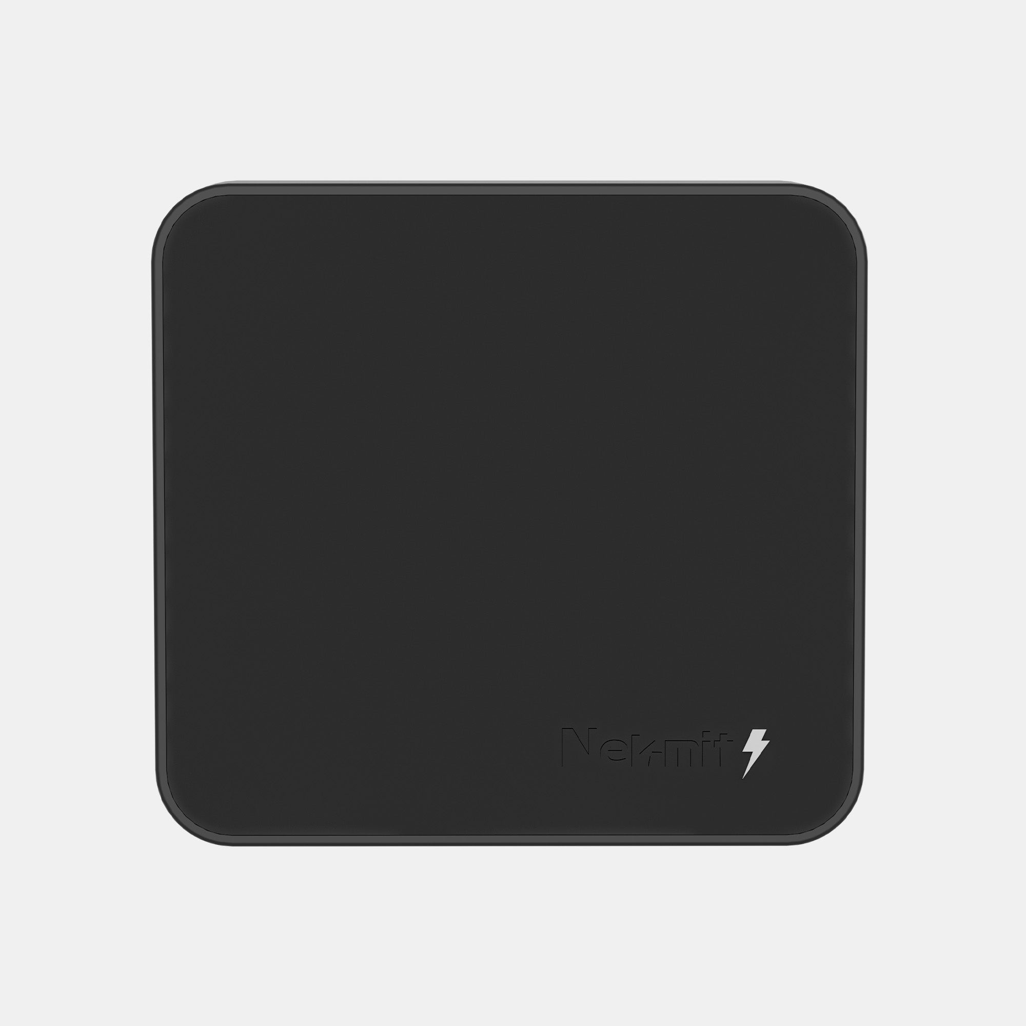 Black rectangular device with a brand logo on a light gray background