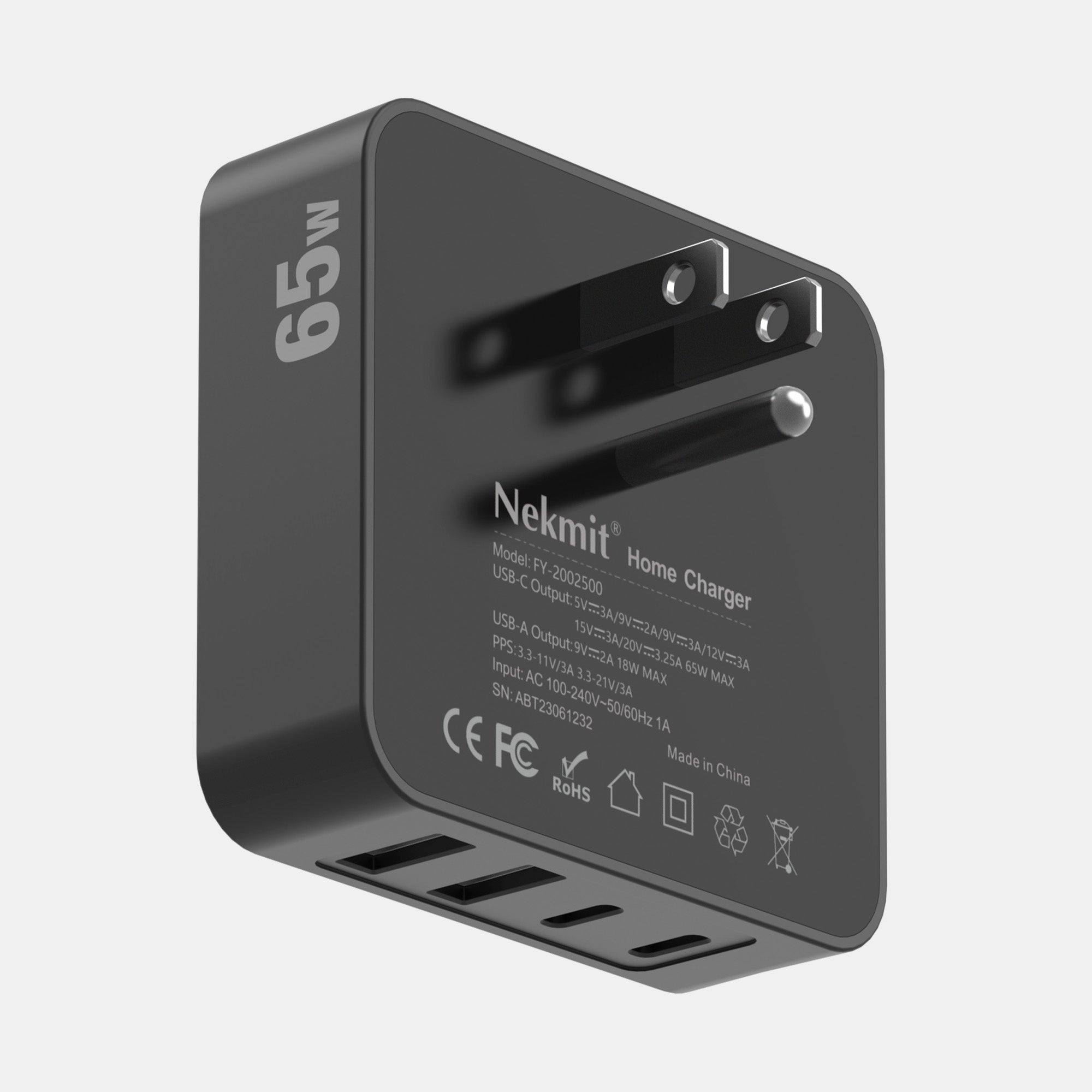 Nekmit home charger with multiple ports on a white background